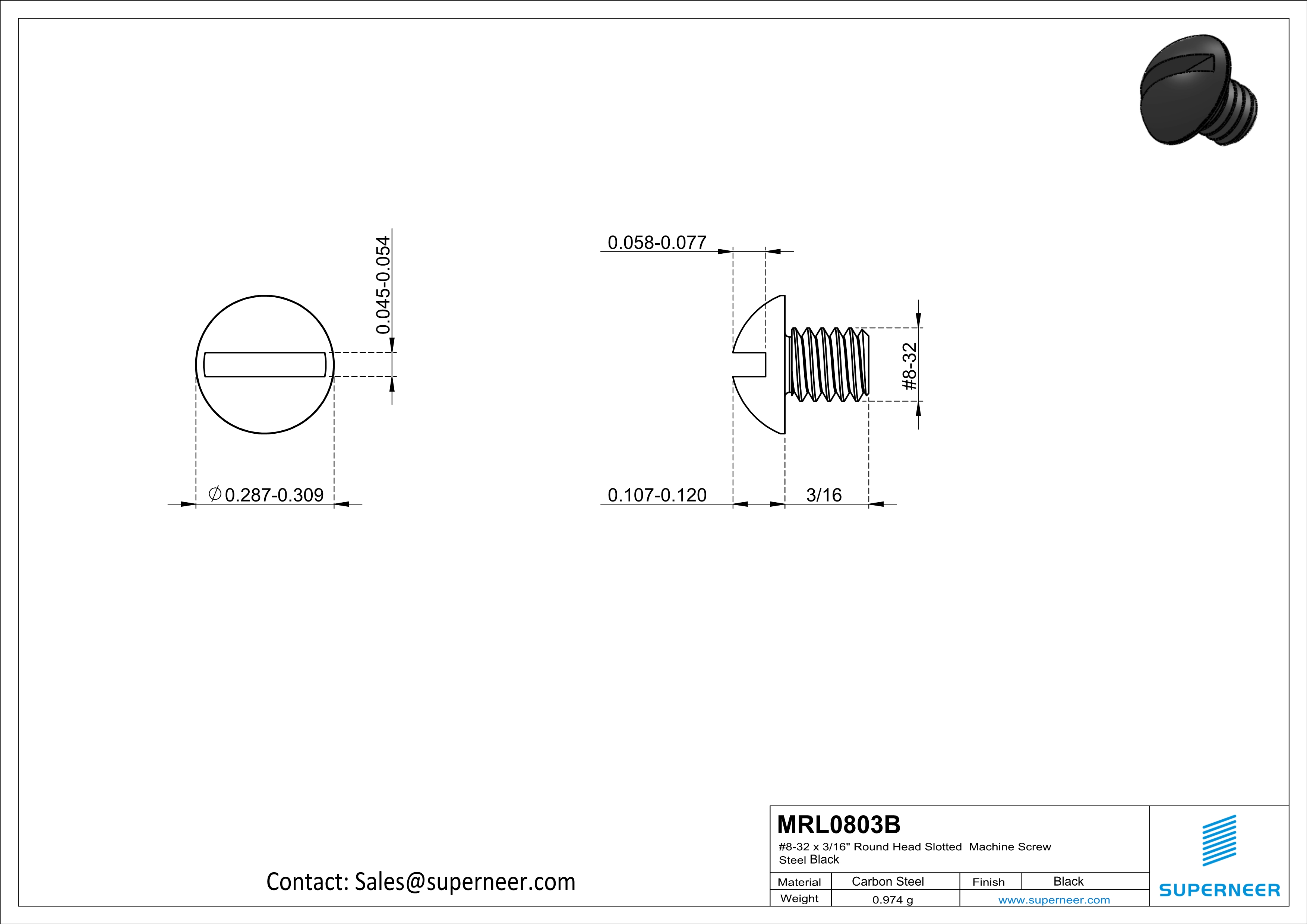 8-32 x 3/16" Round Head Slotted Machine Screw Steel Black