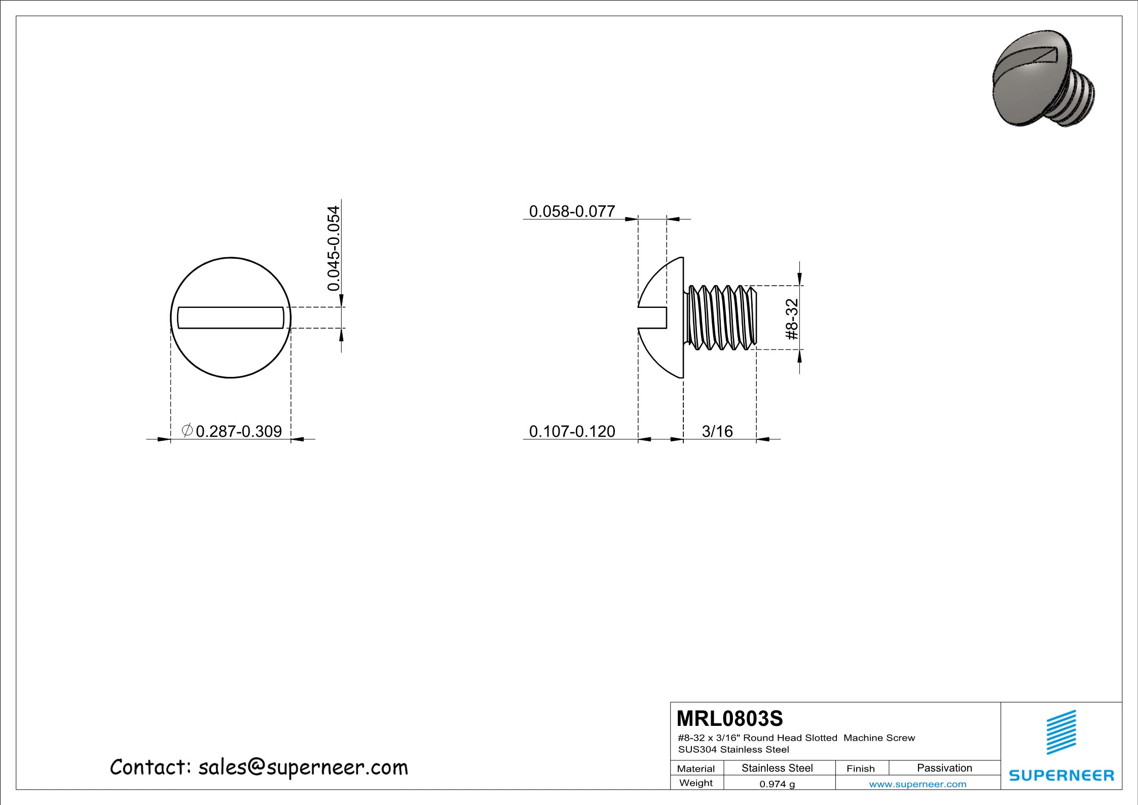 8-32 x 3/16" Round Head Slotted  Machine Screw SUS304 Stainless Steel Inox