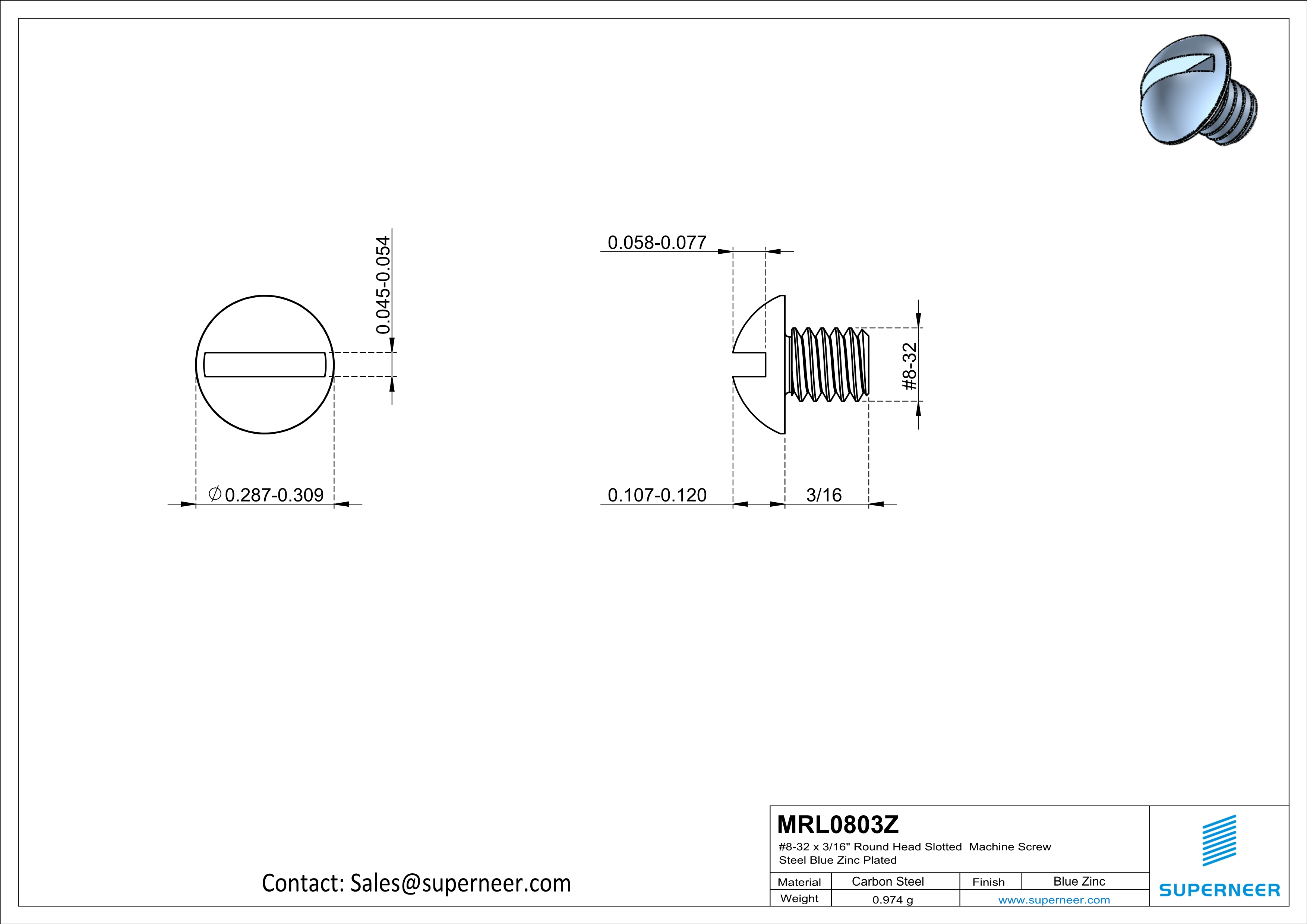 8-32 x 3/16" Round Head Slotted Machine Screw Steel Blue Zinc Plated