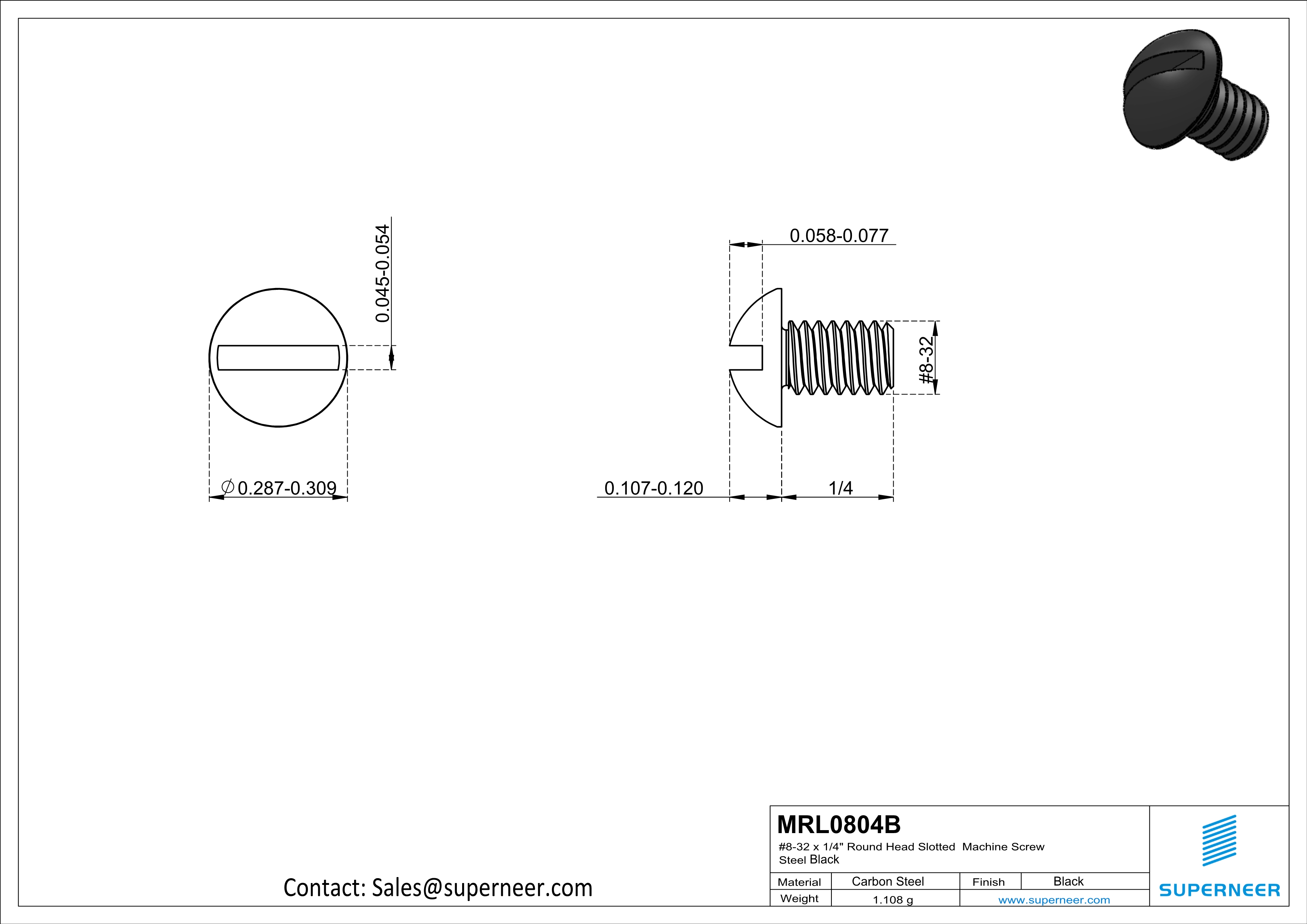 8-32 x 1/4" Round Head Slotted Machine Screw Steel Black