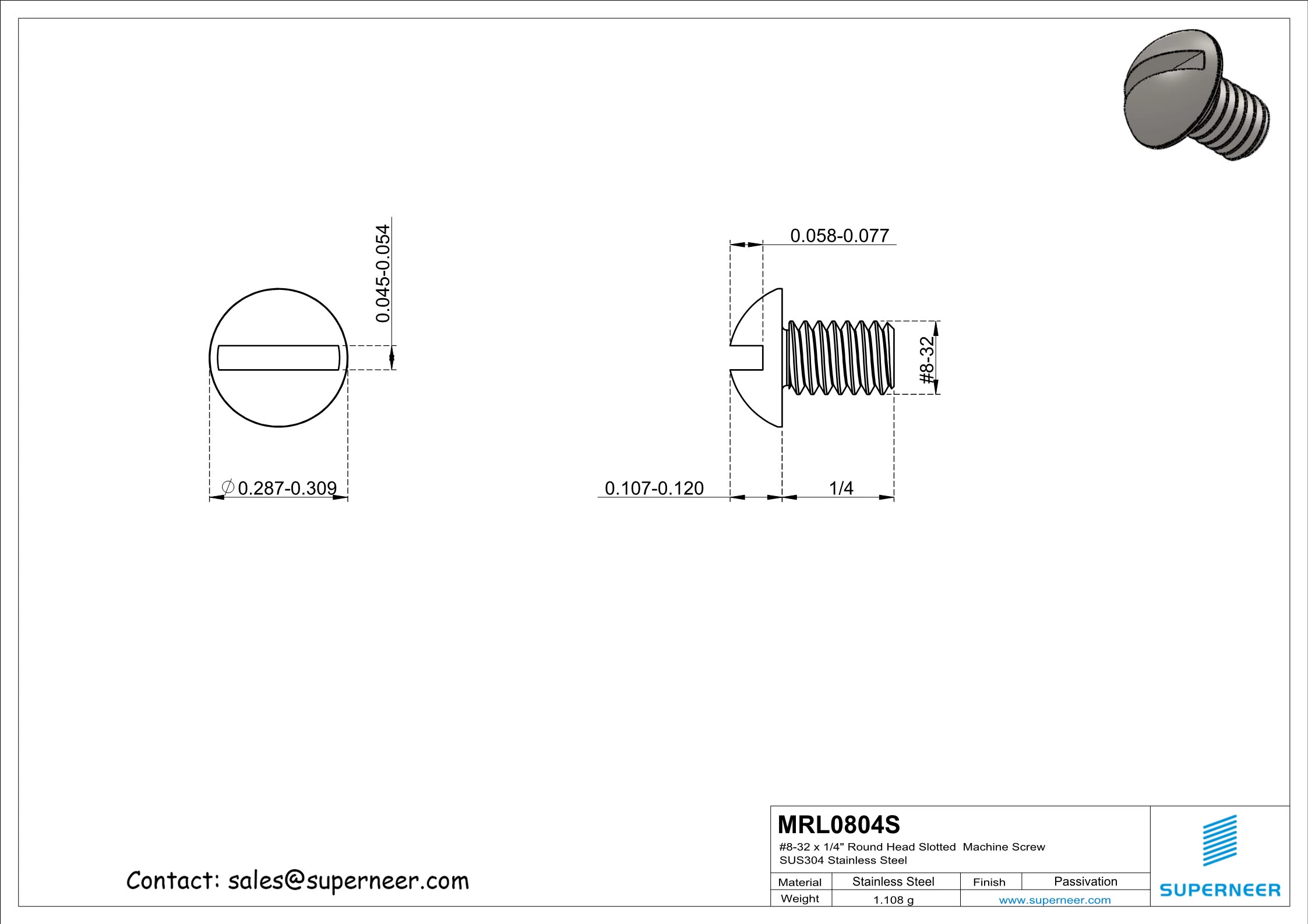 8-32 x 1/4" Round Head Slotted  Machine Screw SUS304 Stainless Steel Inox