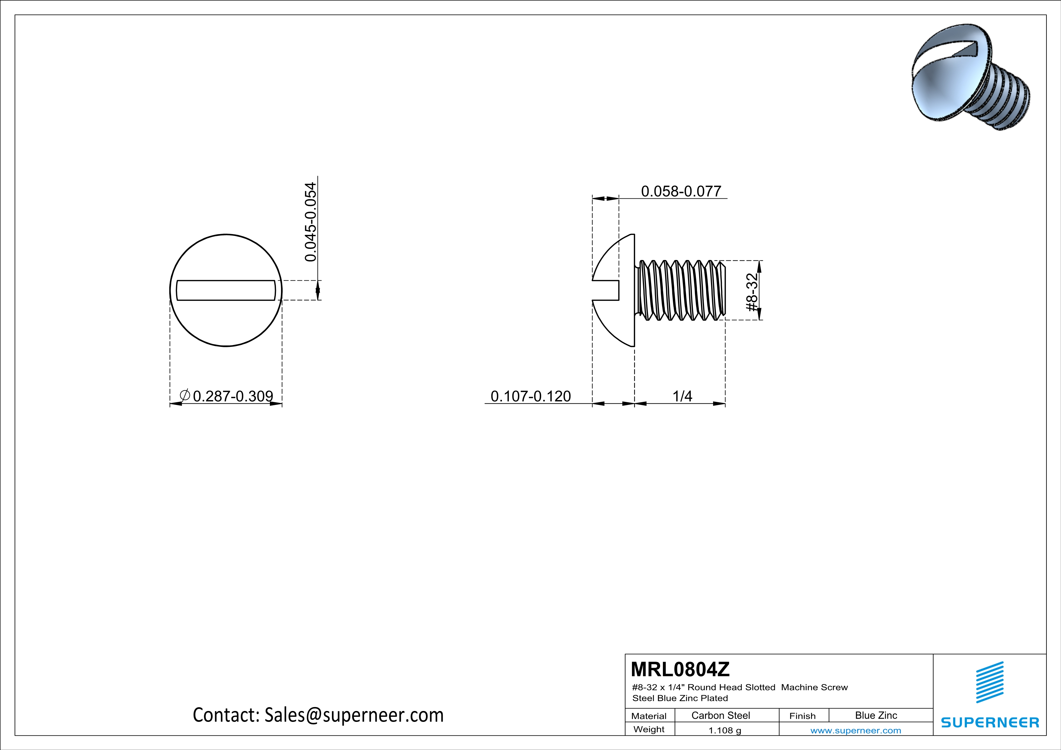 8-32 x 1/4" Round Head Slotted Machine Screw Steel Blue Zinc Plated