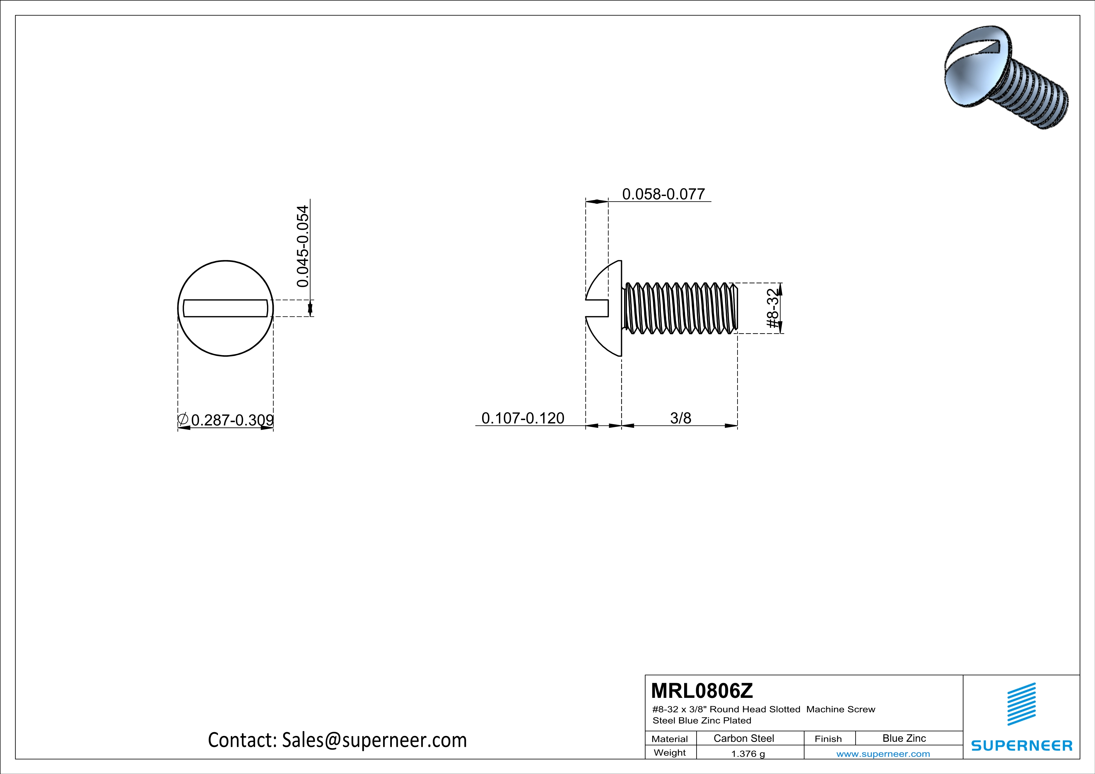 8-32 x 3/8" Round Head Slotted Machine Screw Steel Blue Zinc Plated