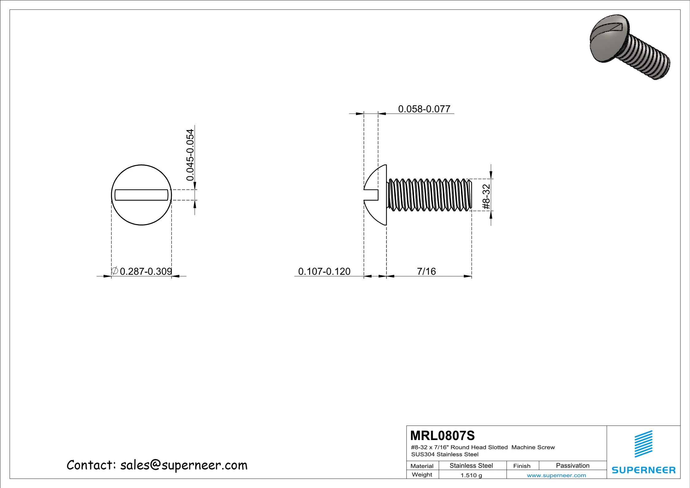 8-32 x 7/16" Round Head Slotted  Machine Screw SUS304 Stainless Steel Inox