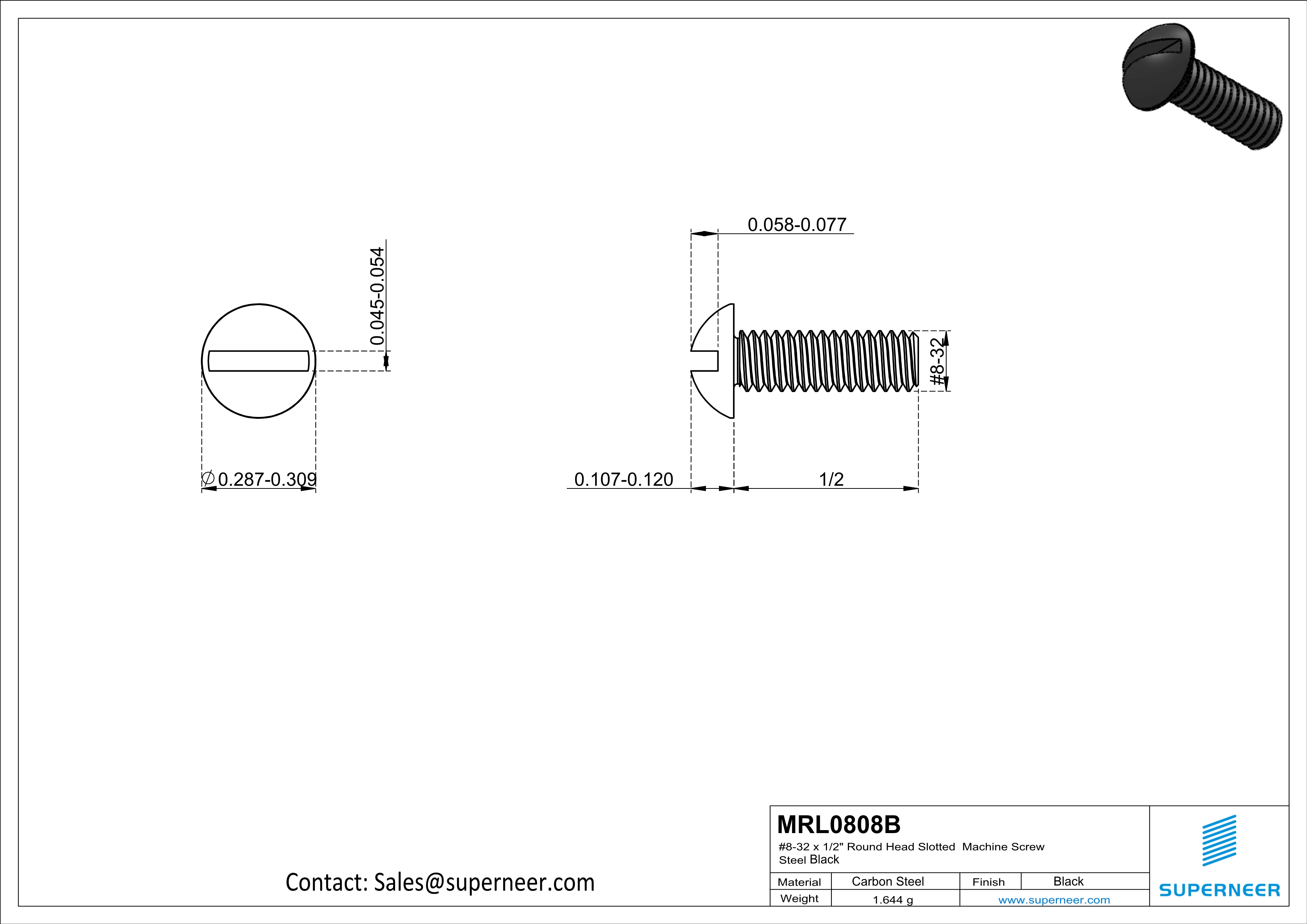 8-32 x 1/2" Round Head Slotted Machine Screw Steel Black