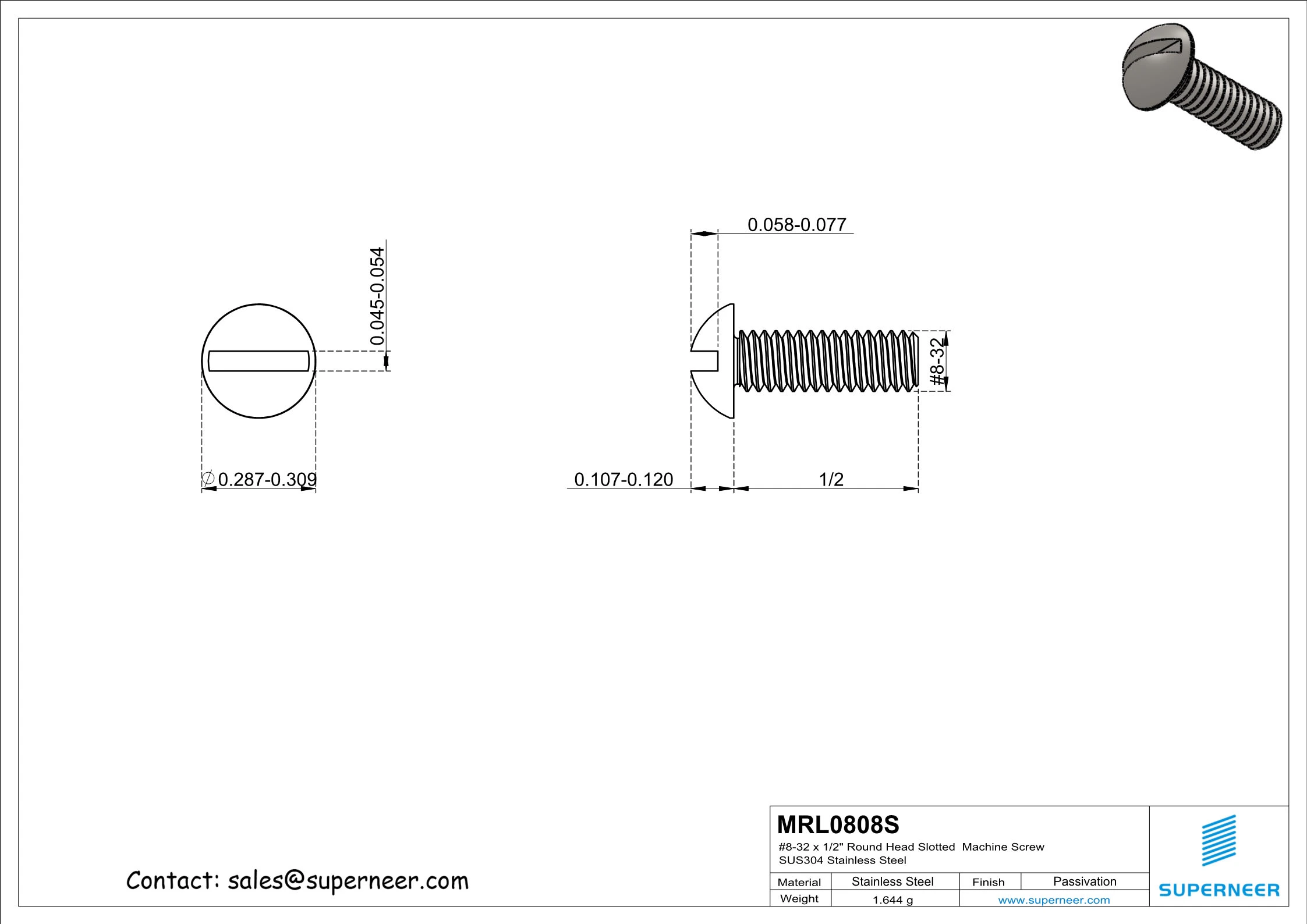 8-32 x 1/2" Round Head Slotted  Machine Screw SUS304 Stainless Steel Inox