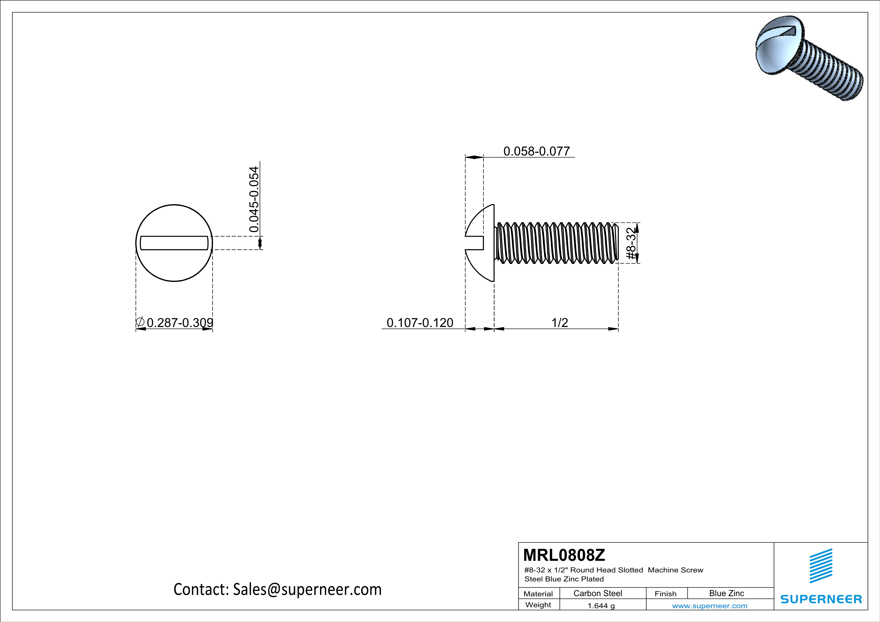 8-32 x 1/2" Round Head Slotted Machine Screw Steel Blue Zinc Plated