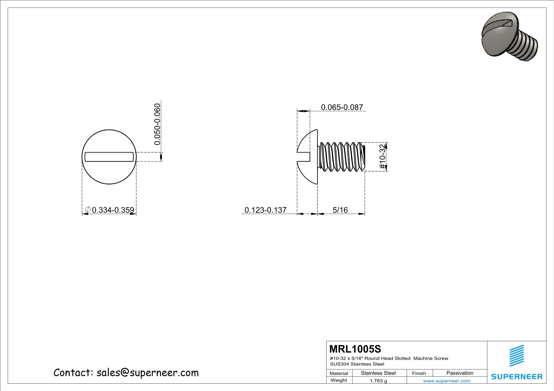 10-32 x 5/16" Round Head Slotted  Machine Screw SUS304 Stainless Steel Inox