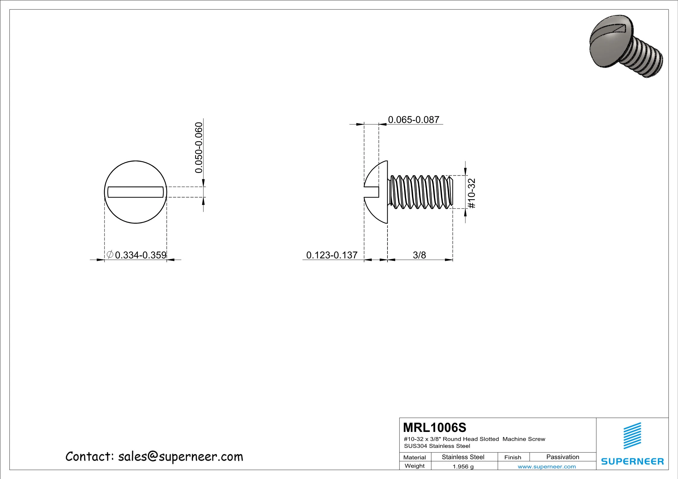 10-32 x 3/8" Round Head Slotted  Machine Screw SUS304 Stainless Steel Inox