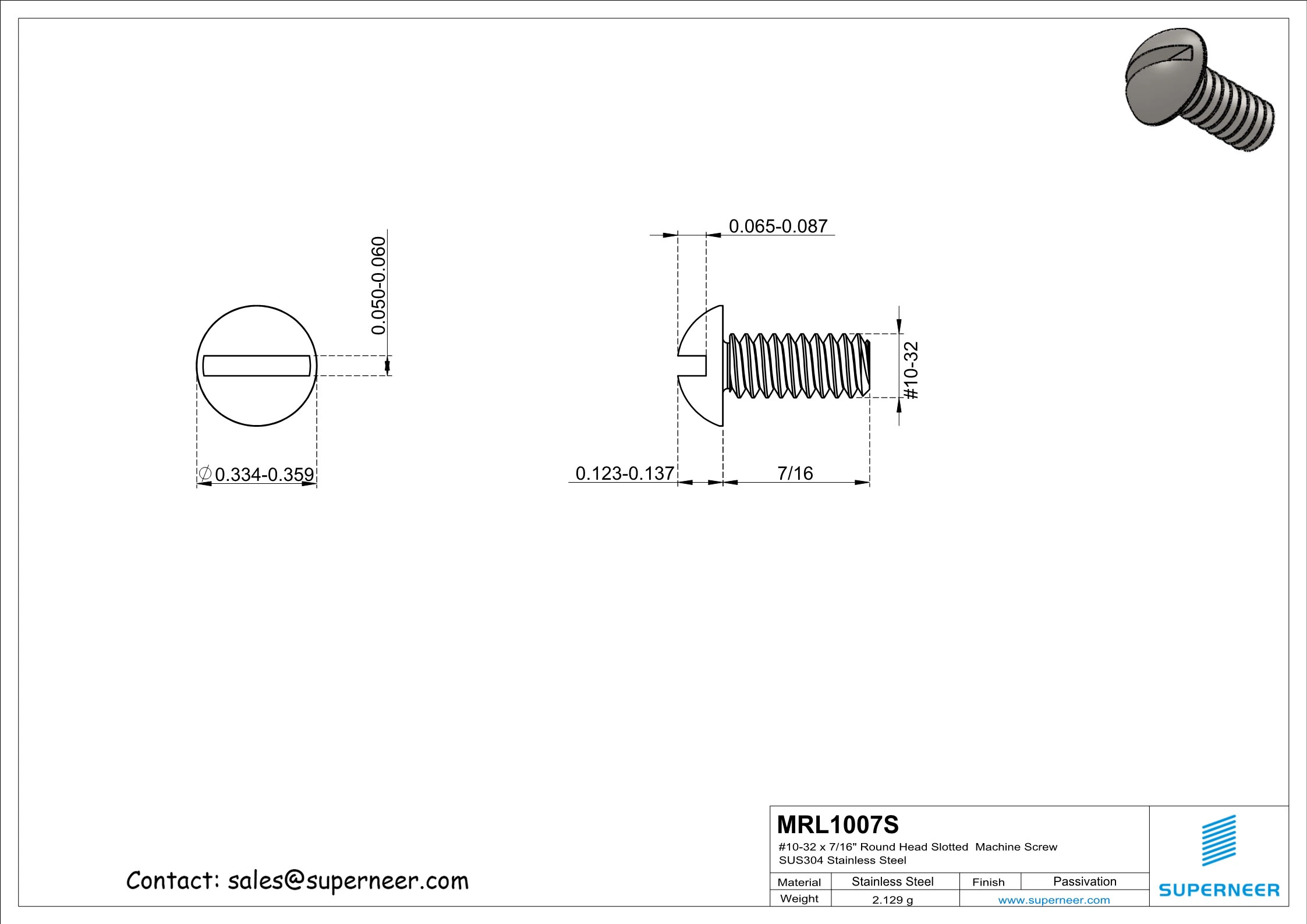 10-32 x 7/16" Round Head Slotted  Machine Screw SUS304 Stainless Steel Inox