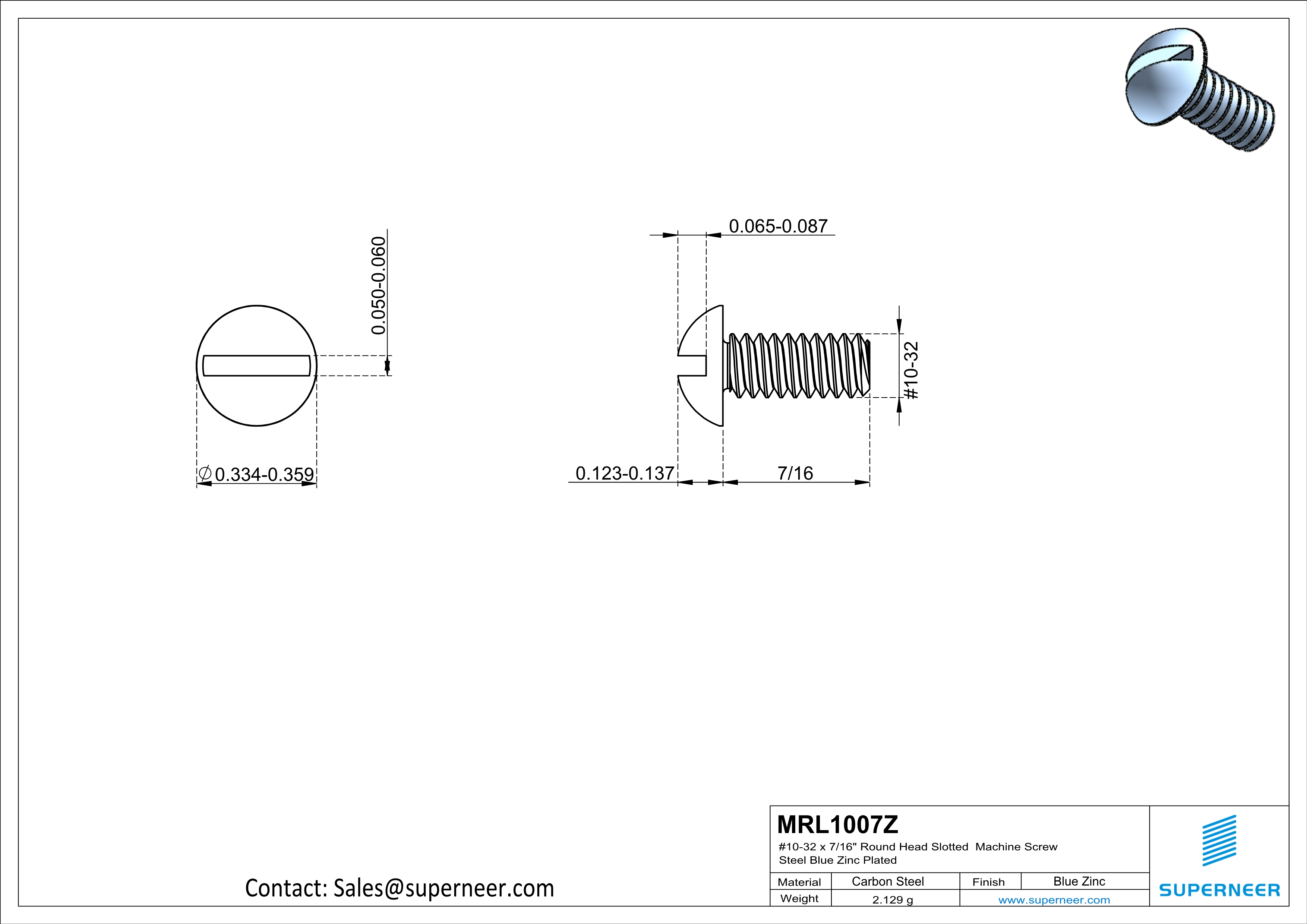 10-32 x 7/16" Round Head Slotted Machine Screw Steel Blue Zinc Plated