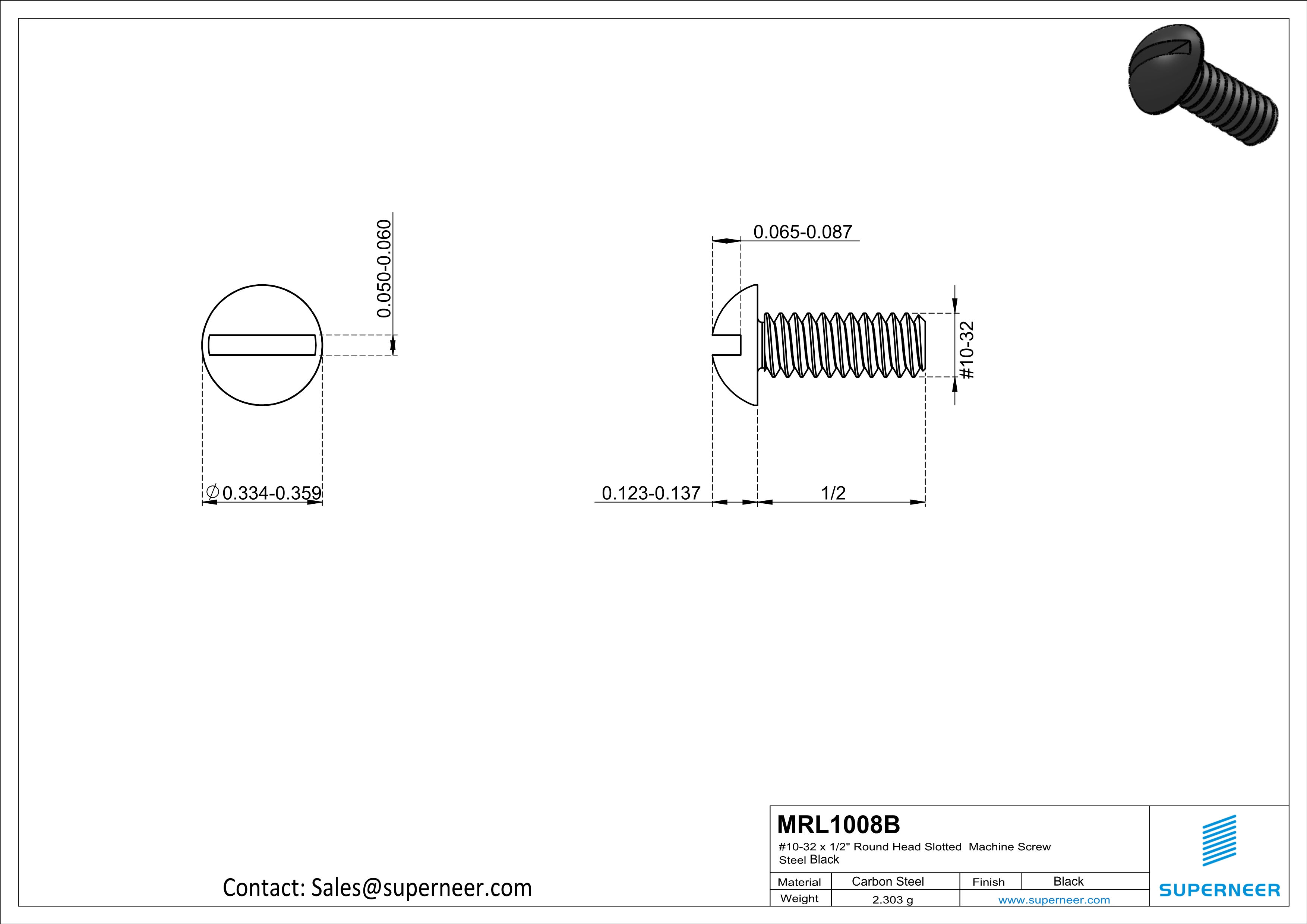 10-32 x 1/2" Round Head Slotted Machine Screw Steel Black