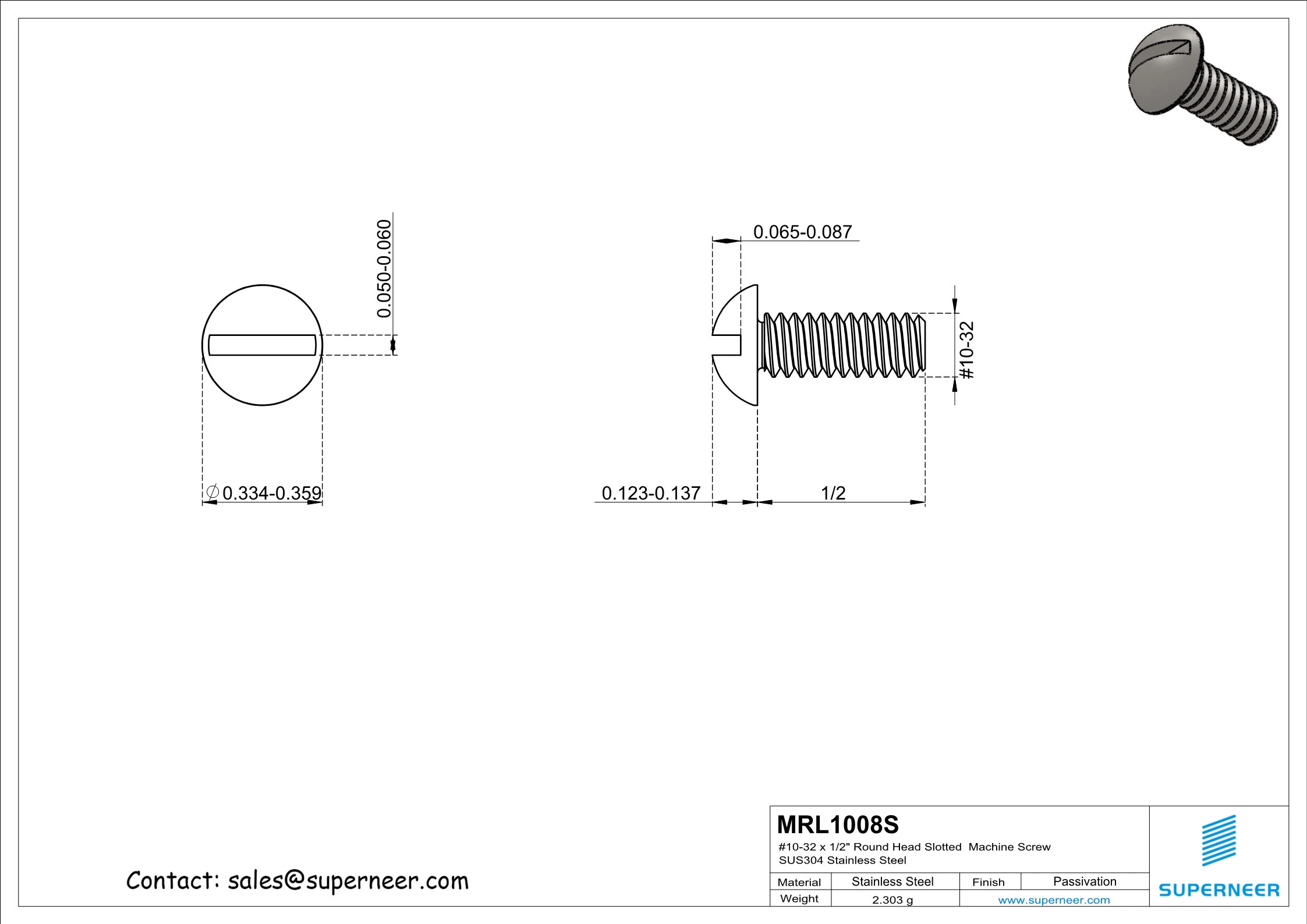 10-32 x 1/2" Round Head Slotted  Machine Screw SUS304 Stainless Steel Inox