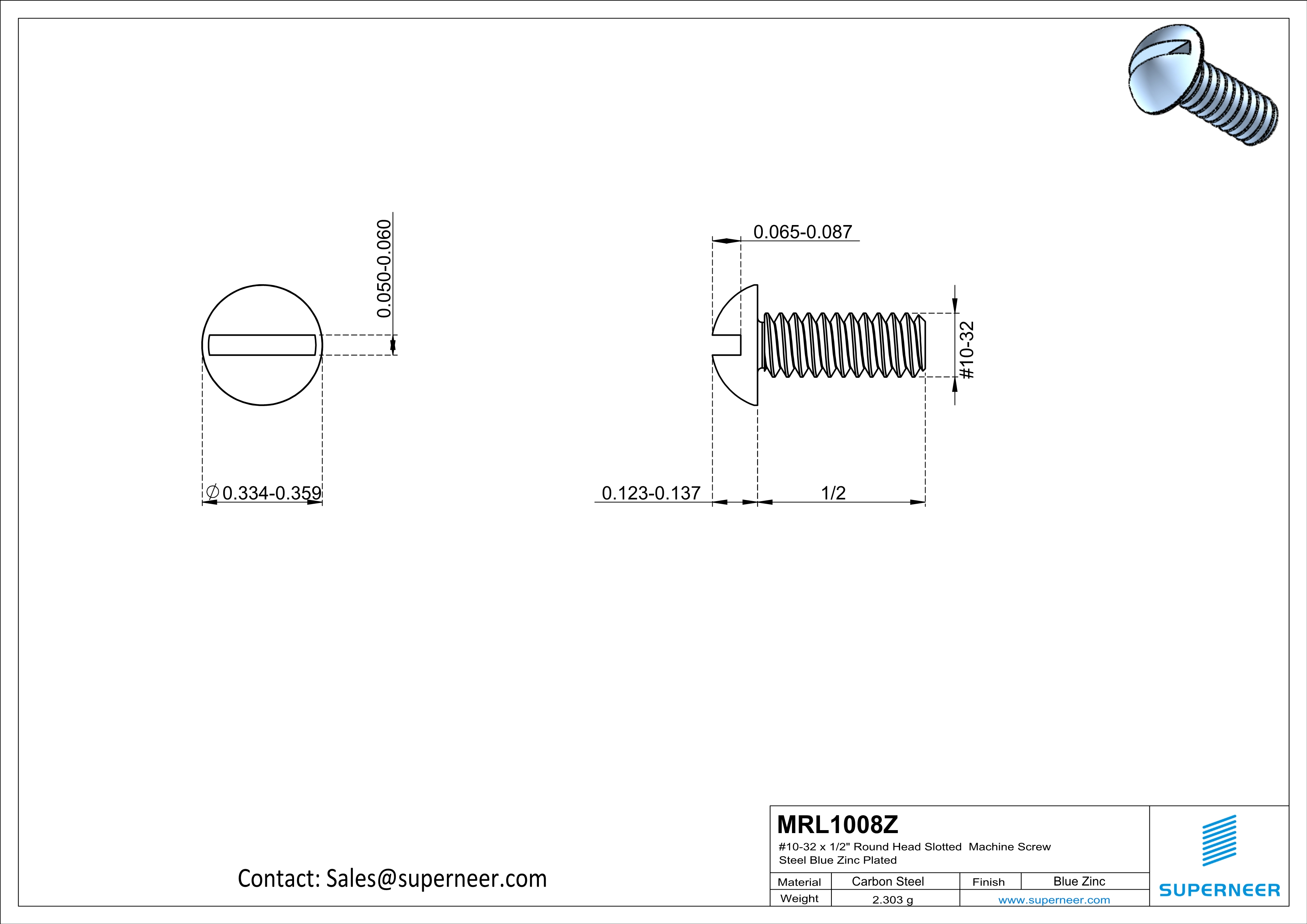 10-32 x 1/2" Round Head Slotted Machine Screw Steel Blue Zinc Plated