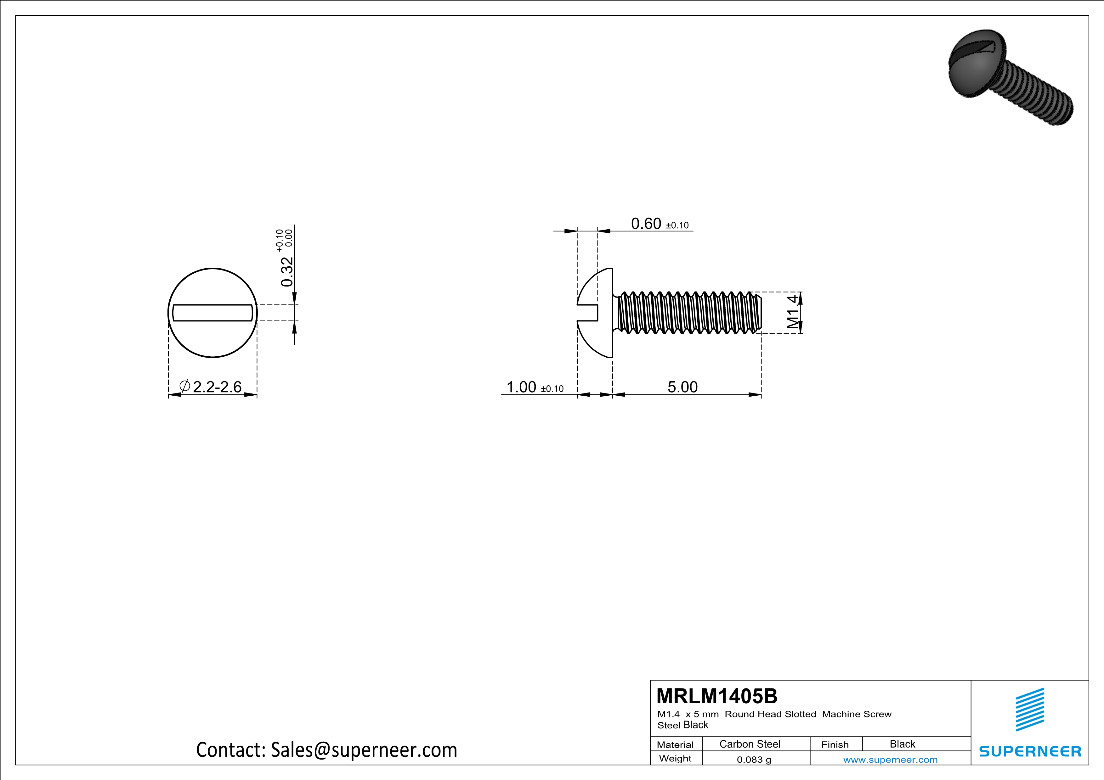 M1.4 x 5 mm Round Head Slotted Machine Screw Steel Black