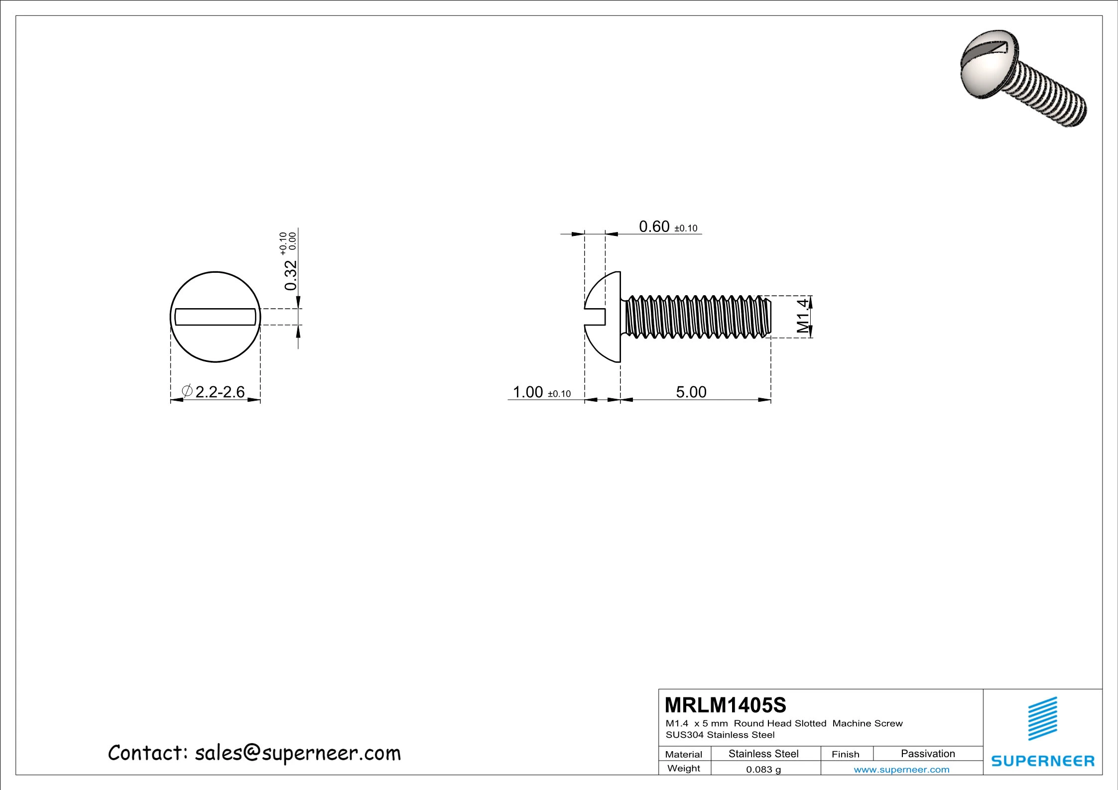 M1.4 x 5 mm  Round Head Slotted  Machine Screw SUS304 Stainless Steel Inox