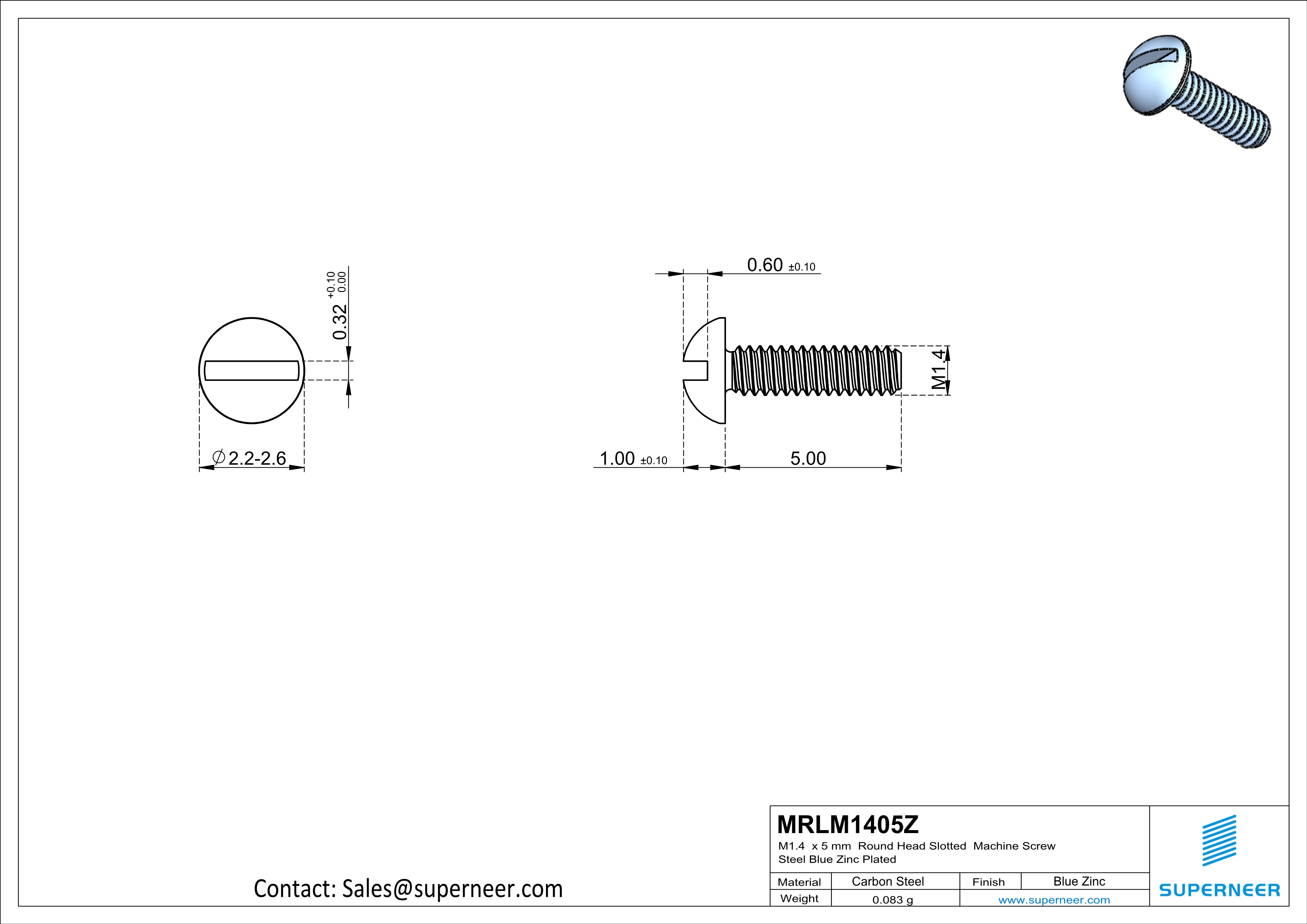 M1.4 x 5 mm Round Head Slotted Machine Screw Steel Blue Zinc Plated