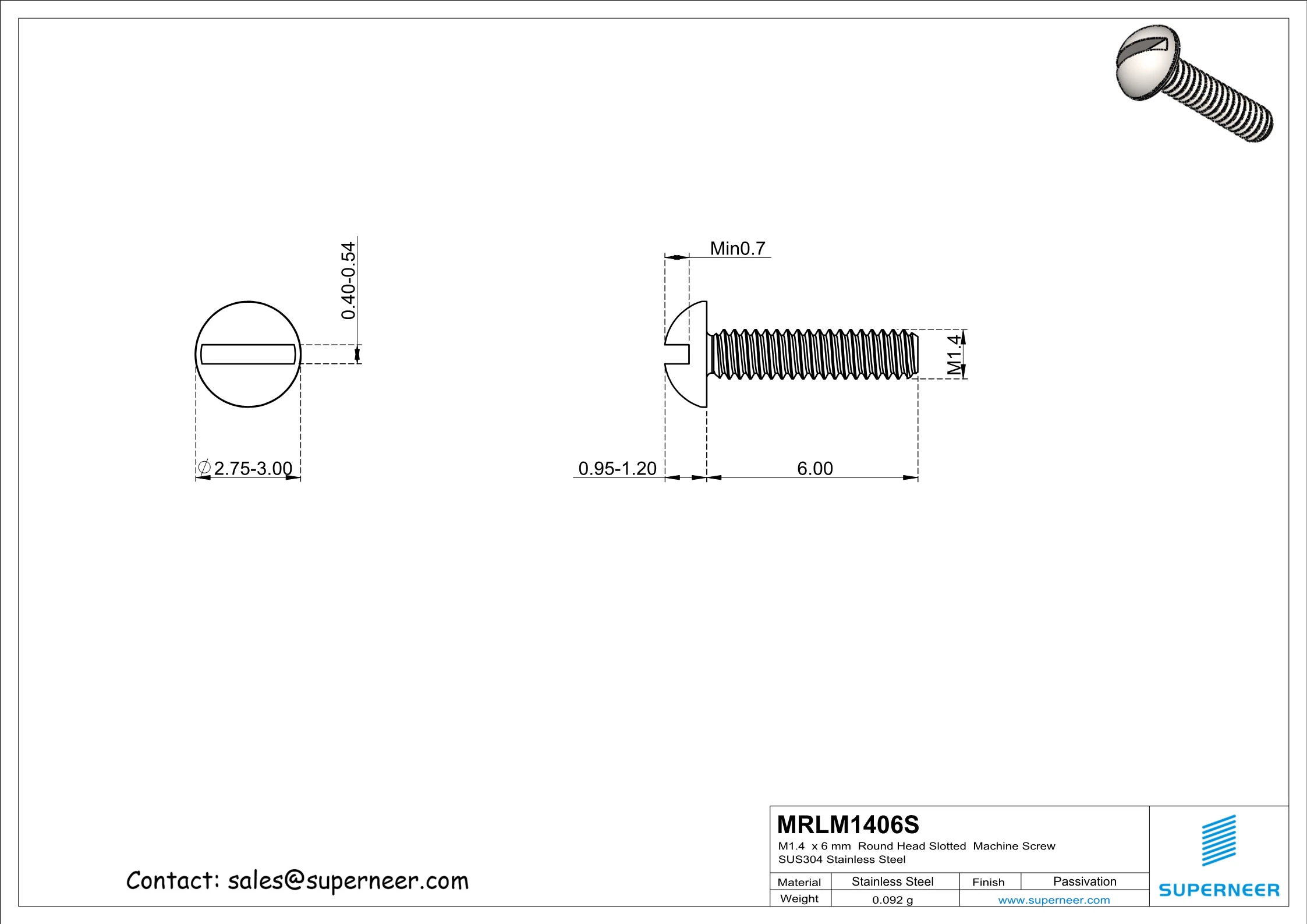 M1.4  x 6 mm  Round Head Slotted  Machine Screw SUS304 Stainless Steel Inox