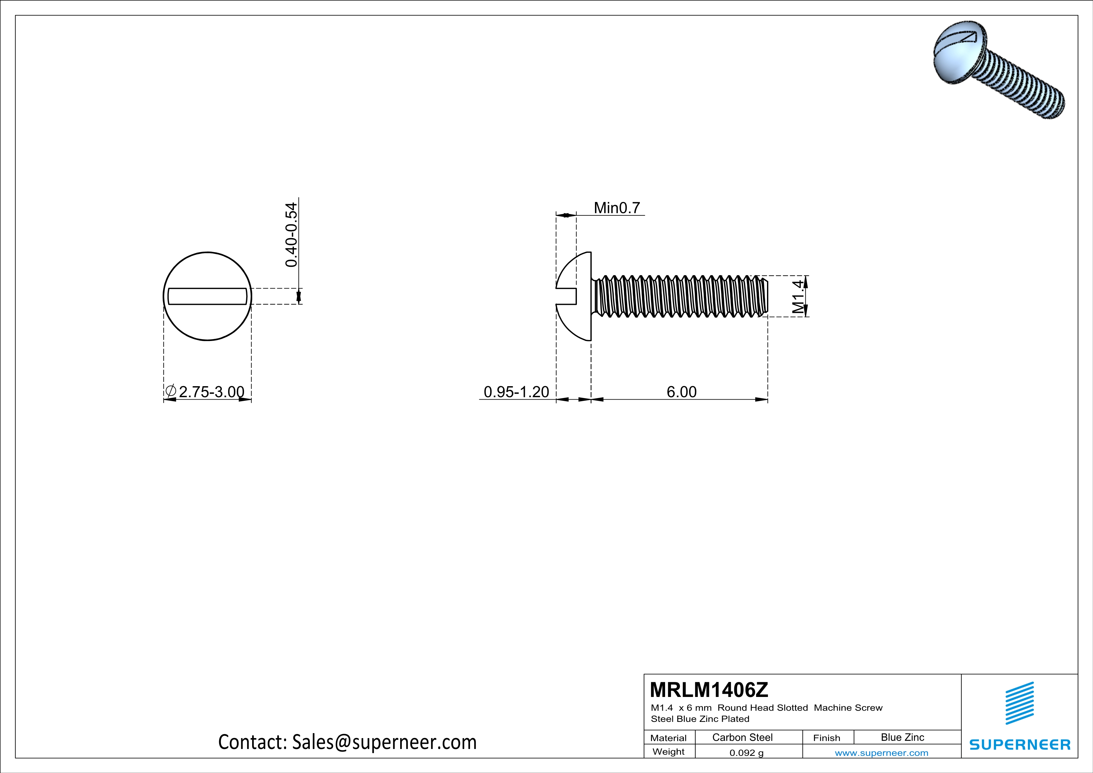 M1.4 x 6 mm Round Head Slotted Machine Screw Steel Blue Zinc Plated