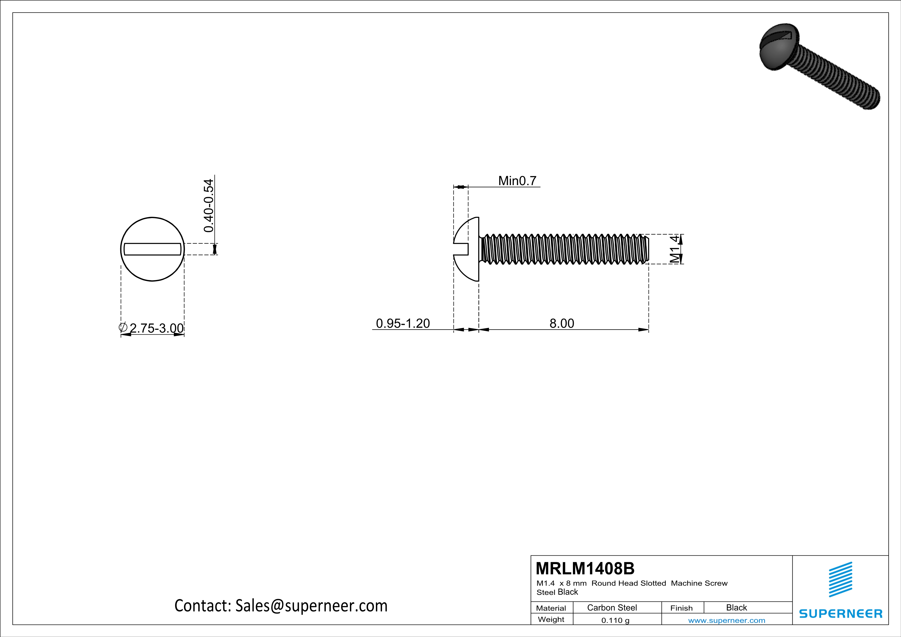 M1.4 x 8 mm Round Head Slotted Machine Screw Steel Black