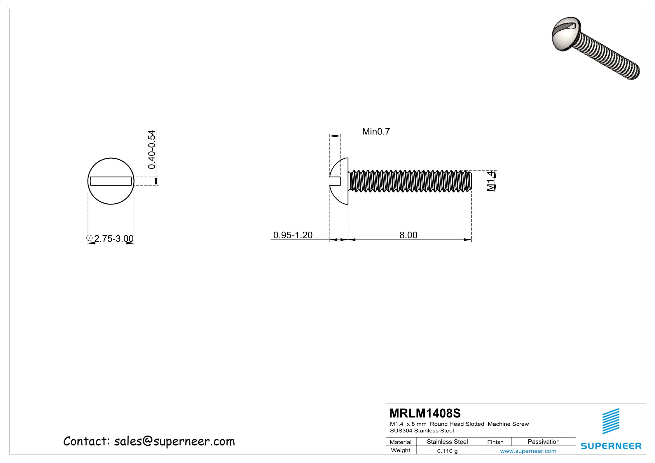 M1.4  x 8 mm  Round Head Slotted  Machine Screw SUS304 Stainless Steel Inox