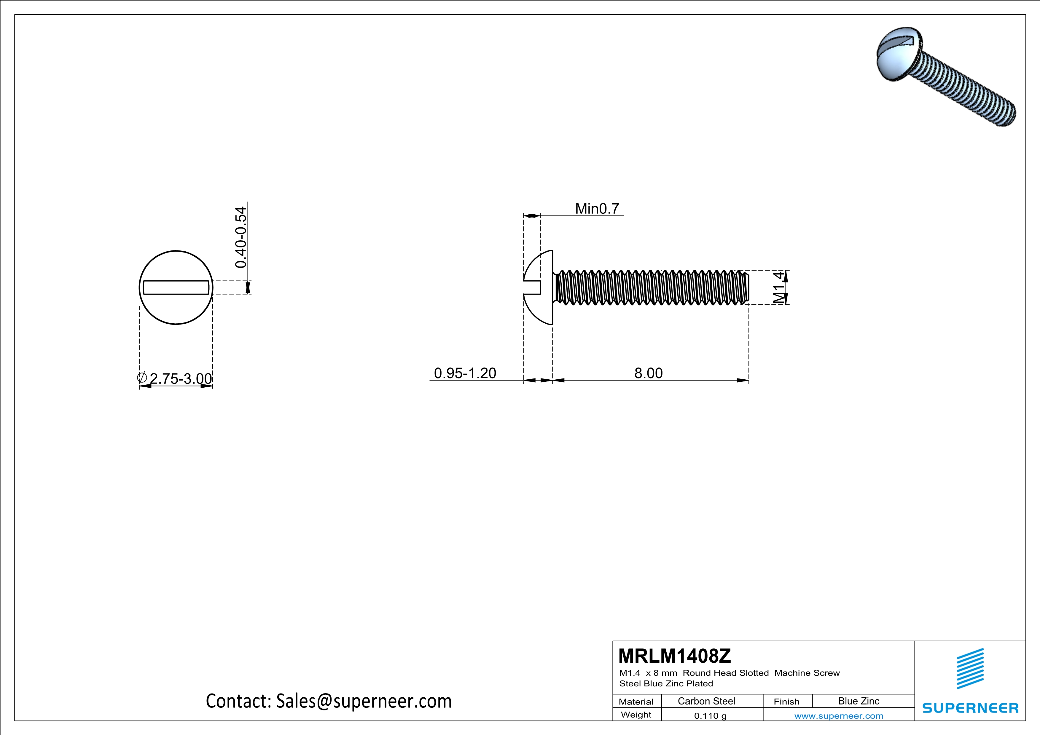 M1.4 x 8 mm Round Head Slotted Machine Screw Steel Blue Zinc Plated