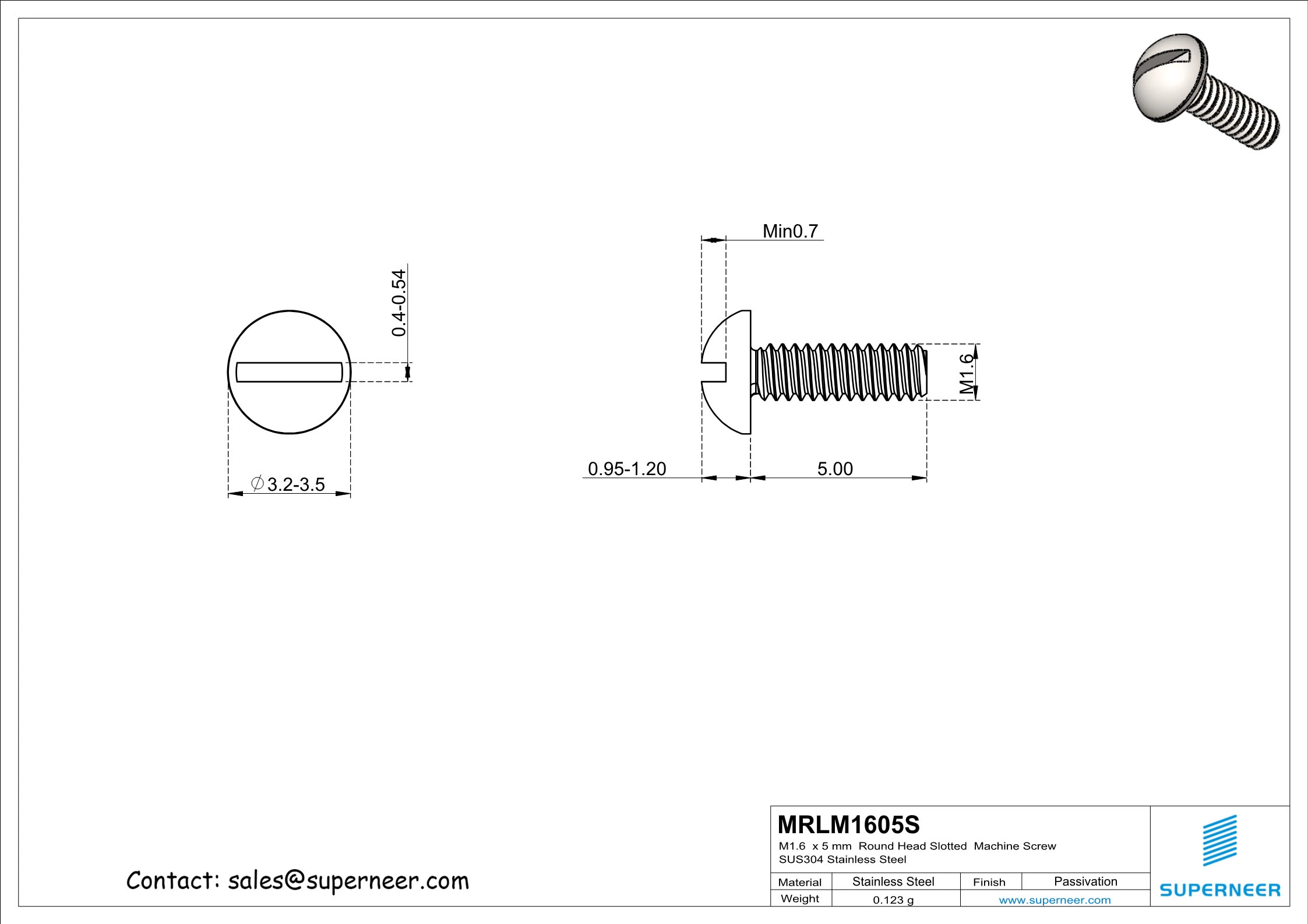 M1.6  x 5 mm  Round Head Slotted  Machine Screw SUS304 Stainless Steel Inox