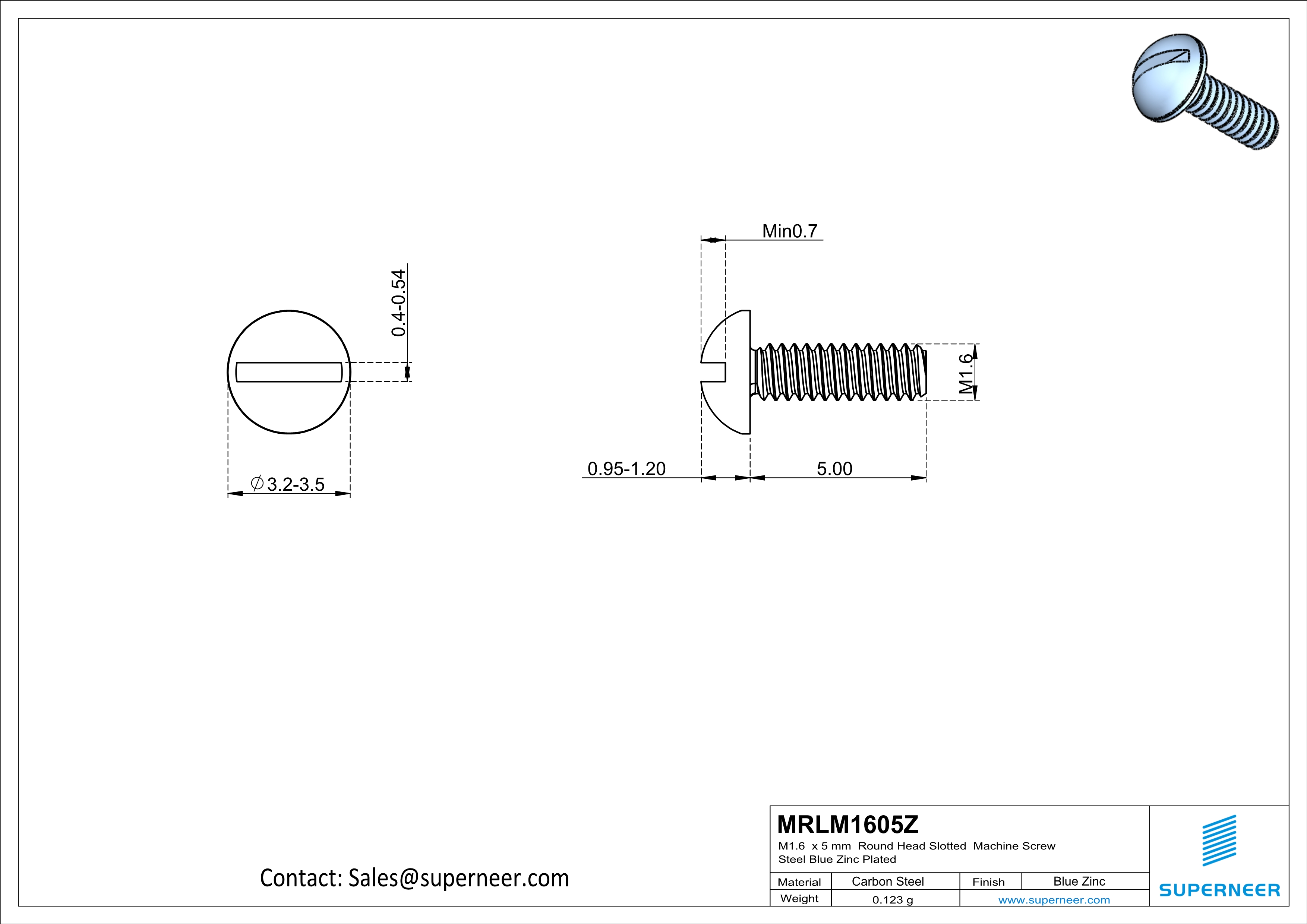 M1.6 x 5 mm Round Head Slotted Machine Screw Steel Blue Zinc Plated