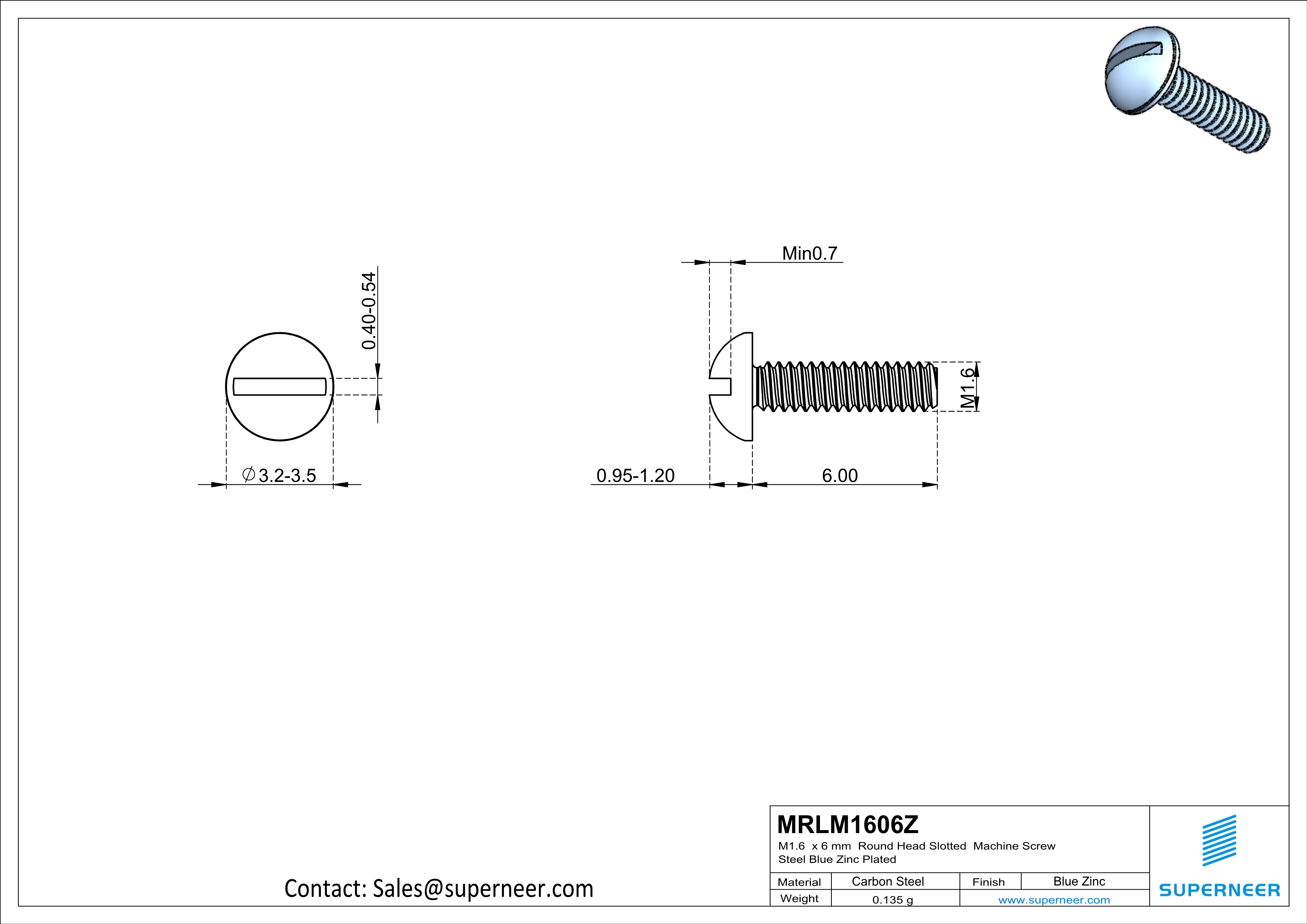 M1.6 x 6 mm Round Head Slotted Machine Screw Steel Blue Zinc Plated