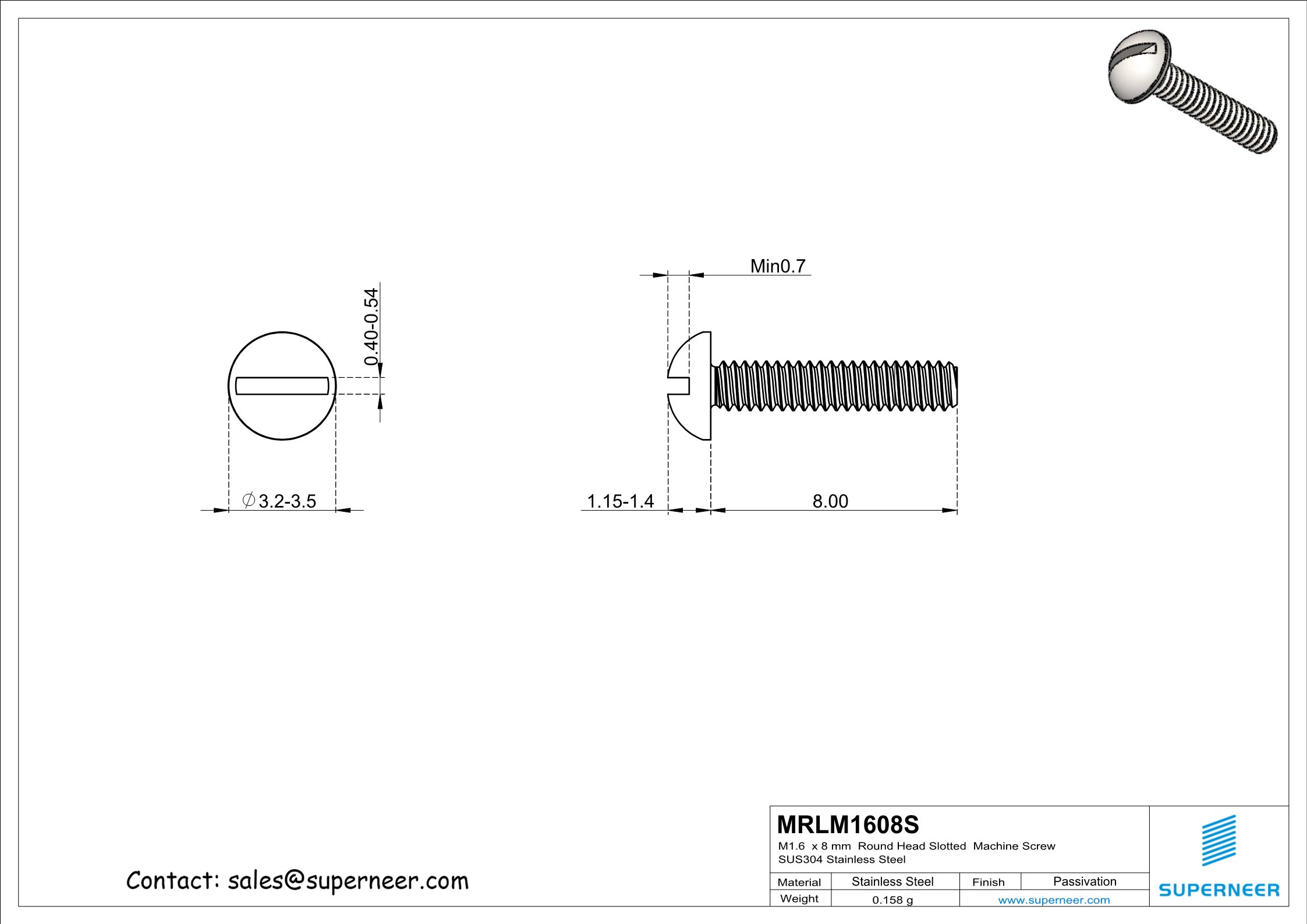 M1.6 x 8 mm  Round Head Slotted  Machine Screw SUS304 Stainless Steel Inox