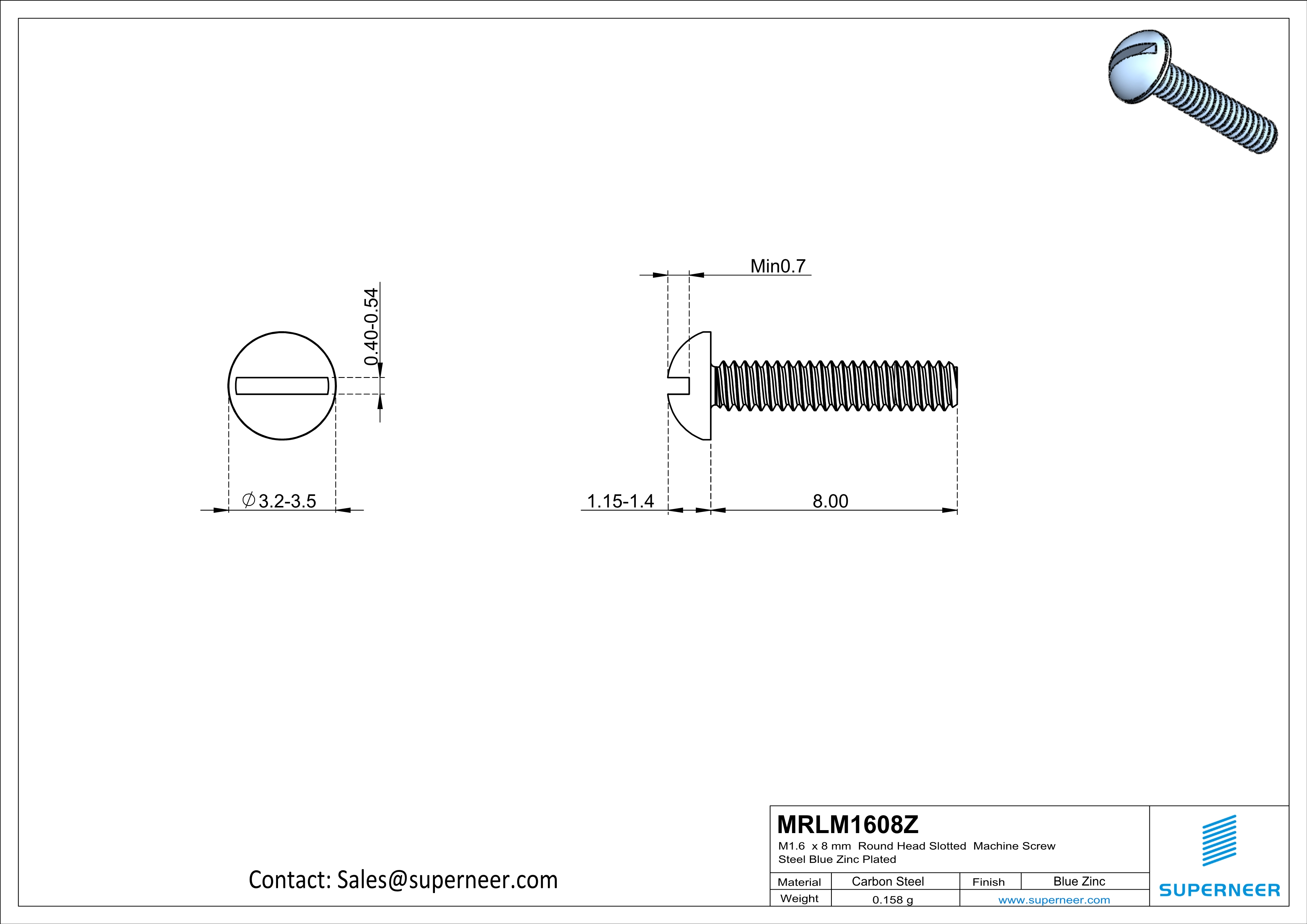 M1.6 x 8 mm Round Head Slotted Machine Screw Steel Blue Zinc Plated