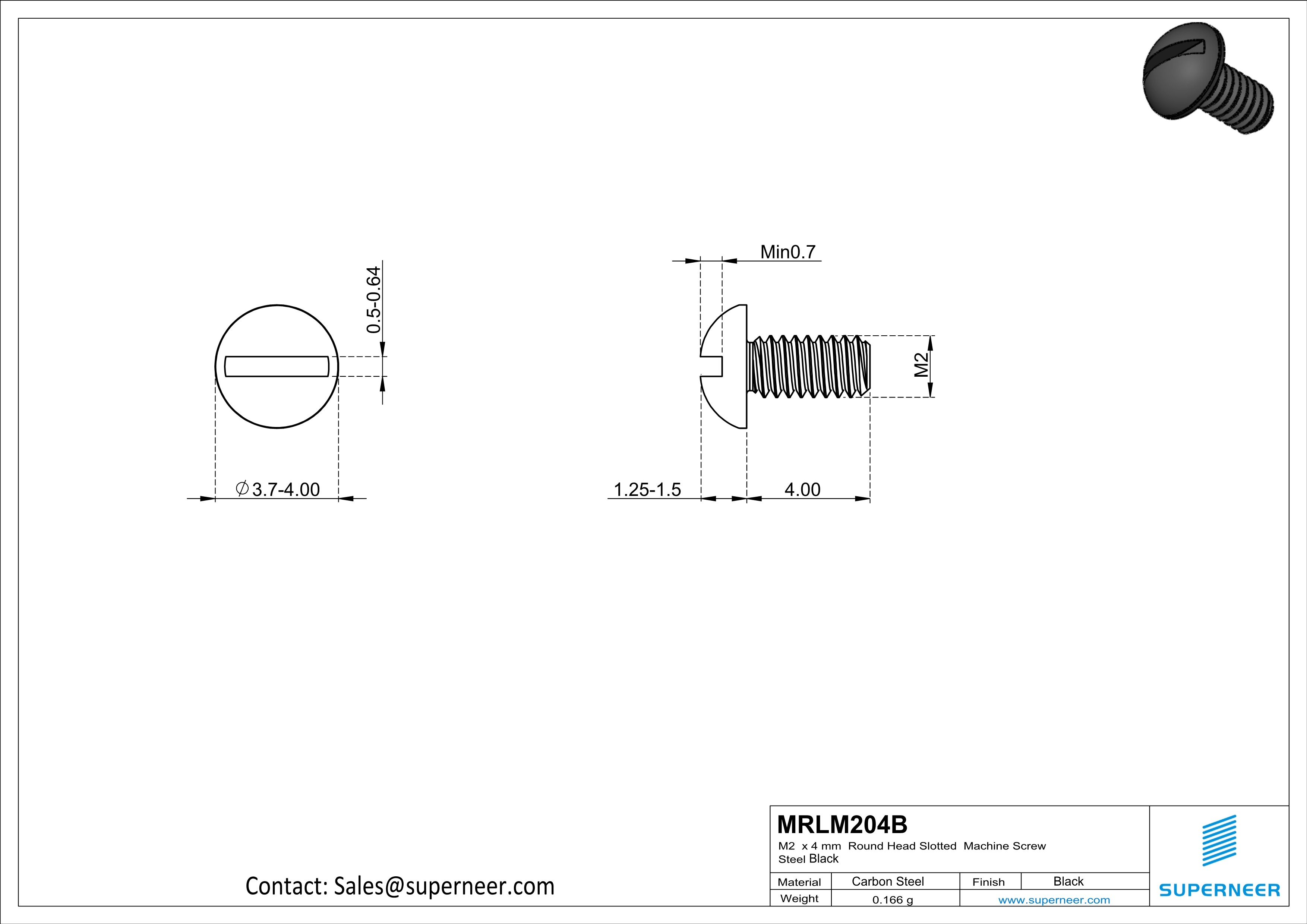 M2 x 4 mm Round Head Slotted Machine Screw Steel Black