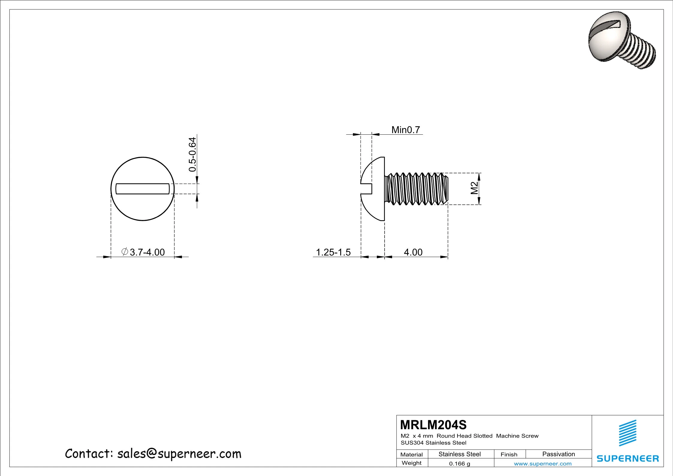 M2 x 4 mm  Round Head Slotted  Machine Screw SUS304 Stainless Steel Inox