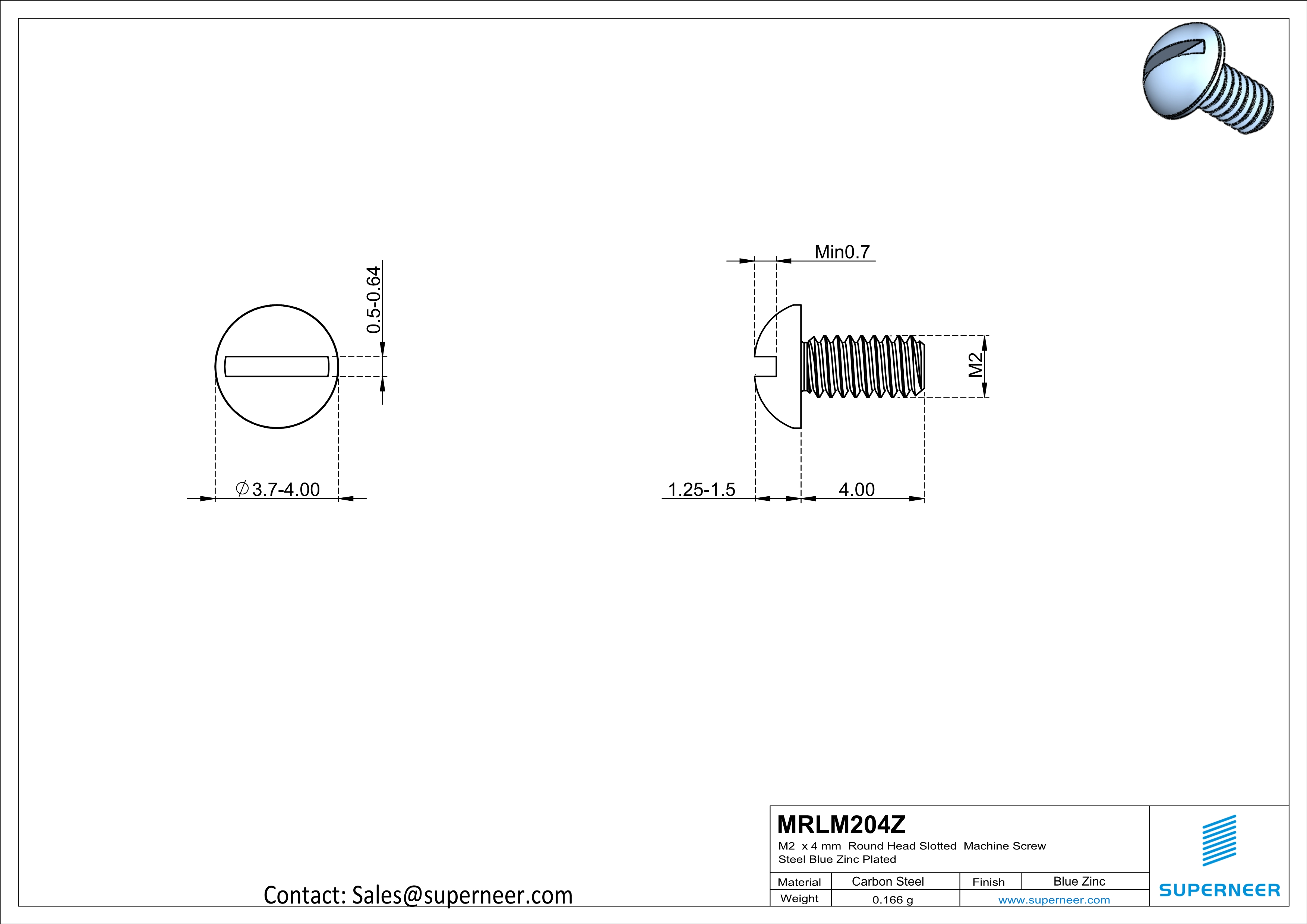 M2 x 4 mm Round Head Slotted Machine Screw Steel Blue Zinc Plated