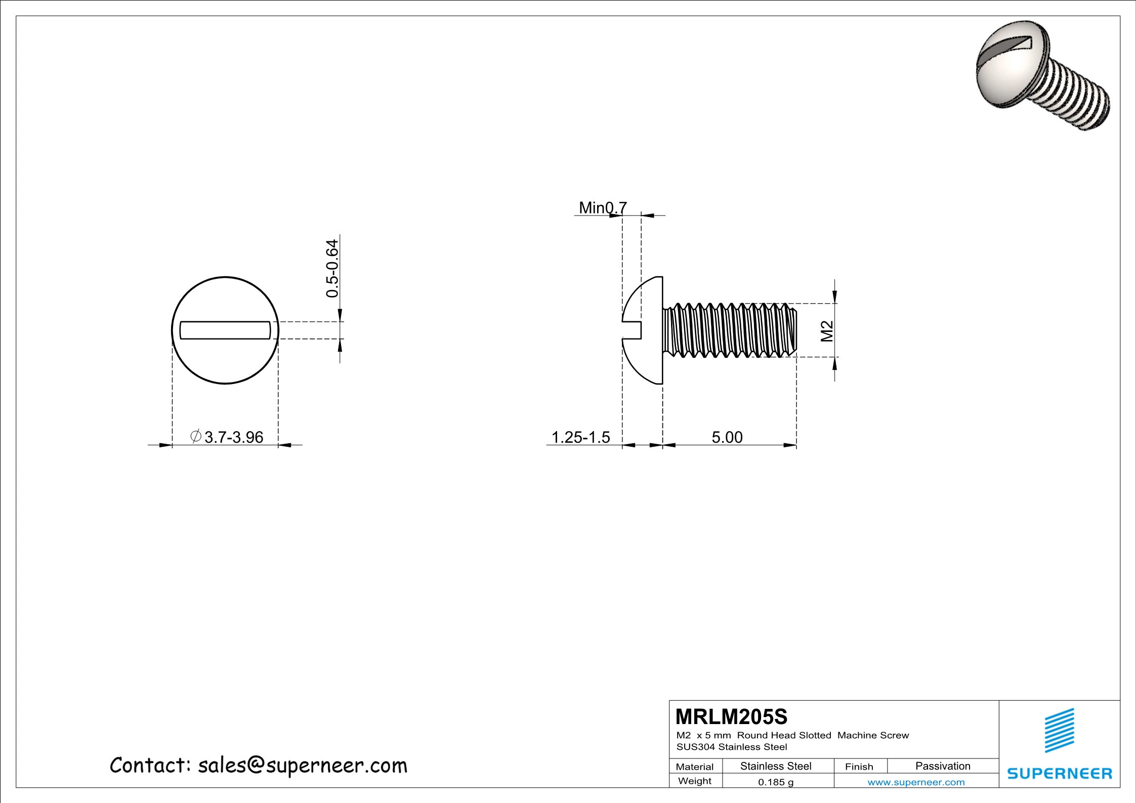 M2 x 5 mm  Round Head Slotted  Machine Screw SUS304 Stainless Steel Inox