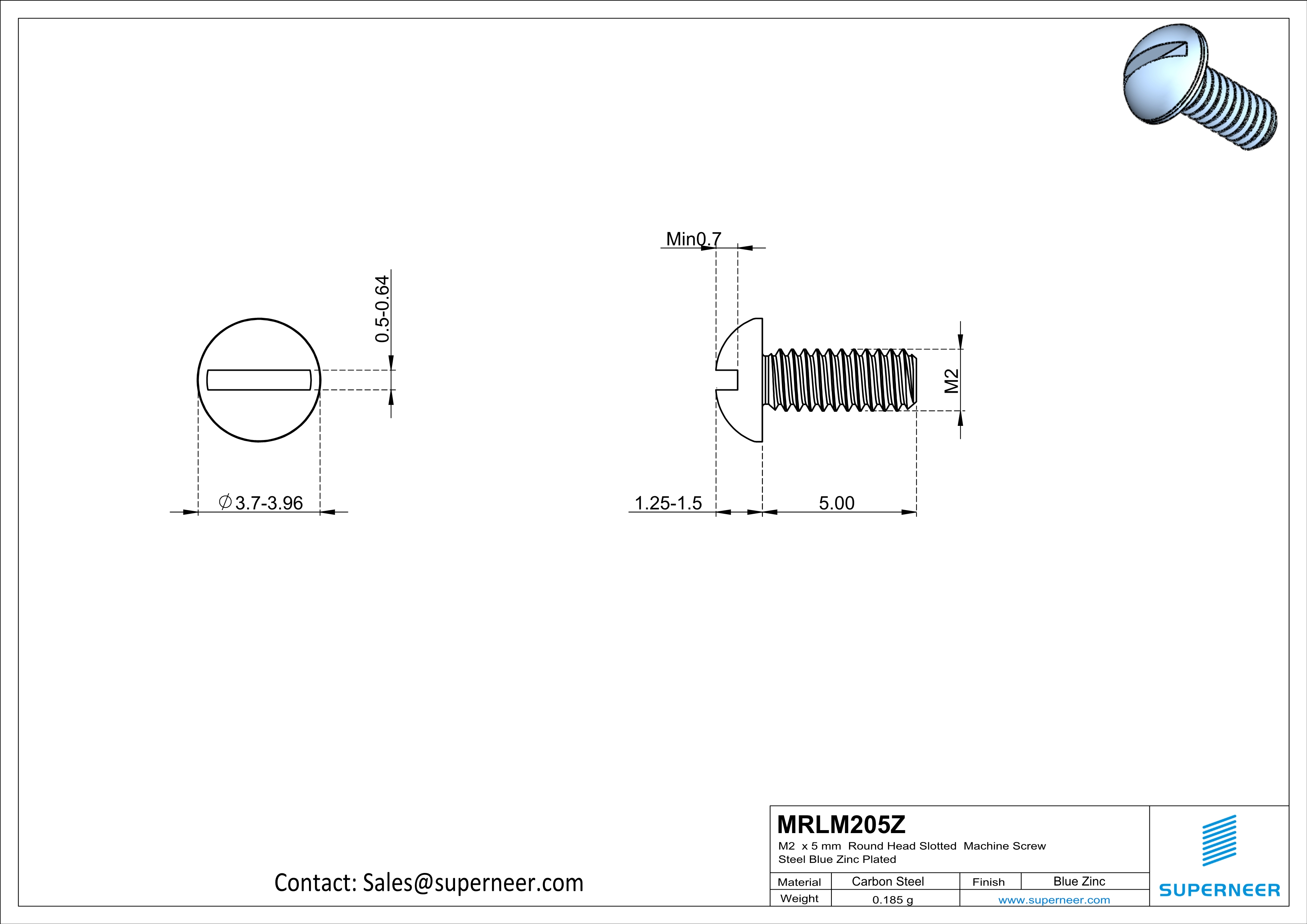 M2 x 5 mm Round Head Slotted Machine Screw Steel Blue Zinc Plated