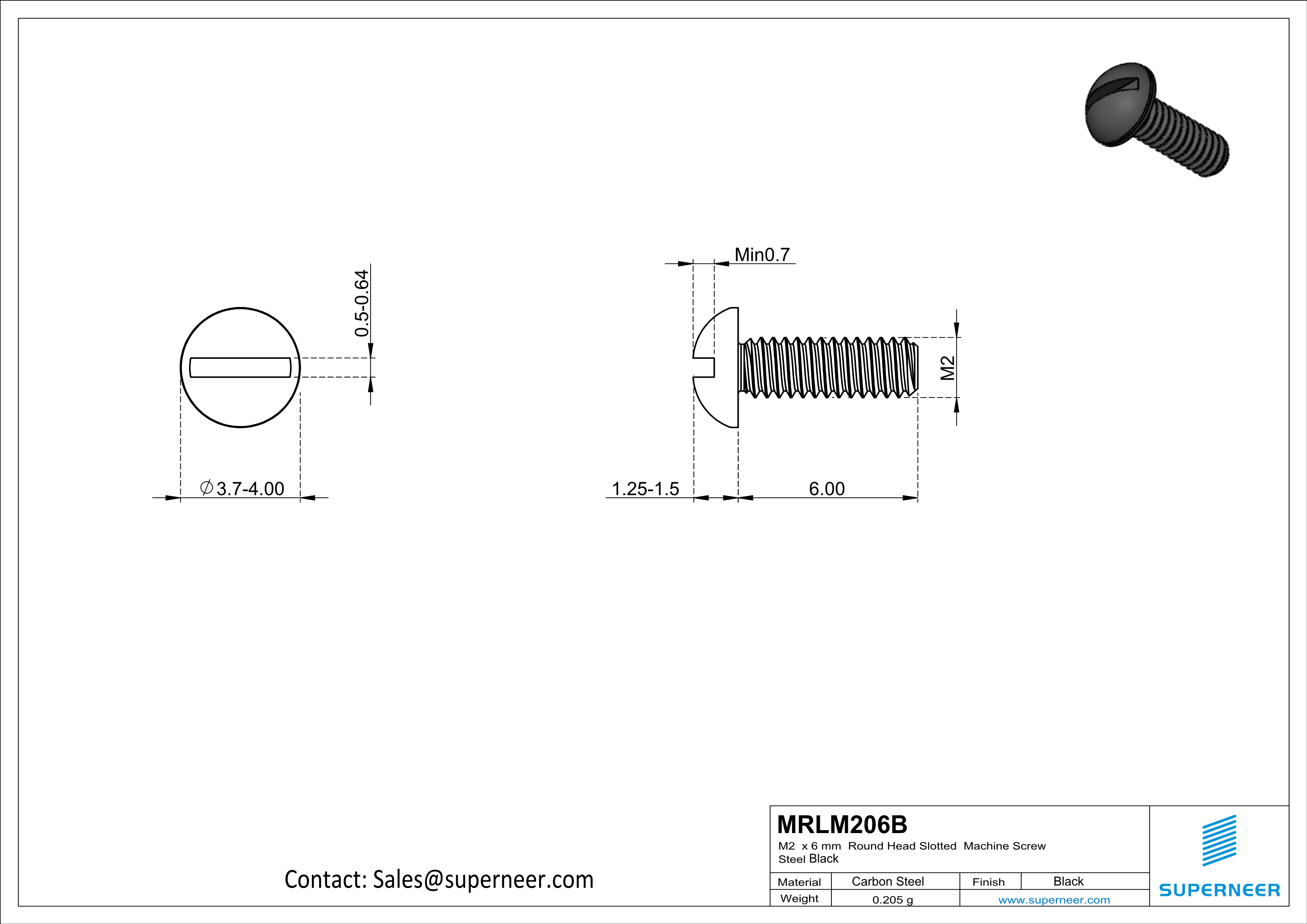 M2 x 6 mm Round Head Slotted Machine Screw Steel Black