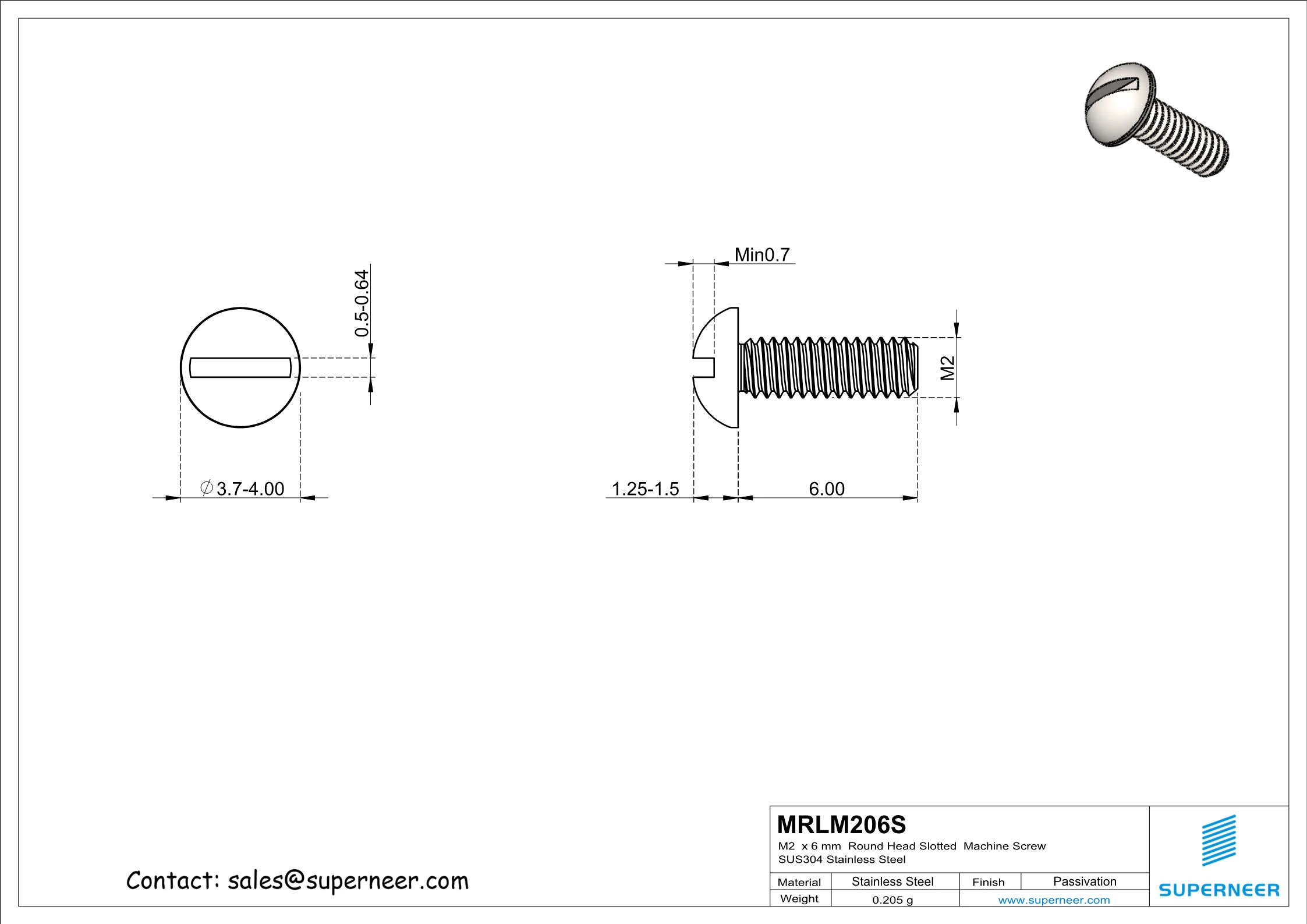 M2 x 6 mm  Round Head Slotted  Machine Screw SUS304 Stainless Steel Inox