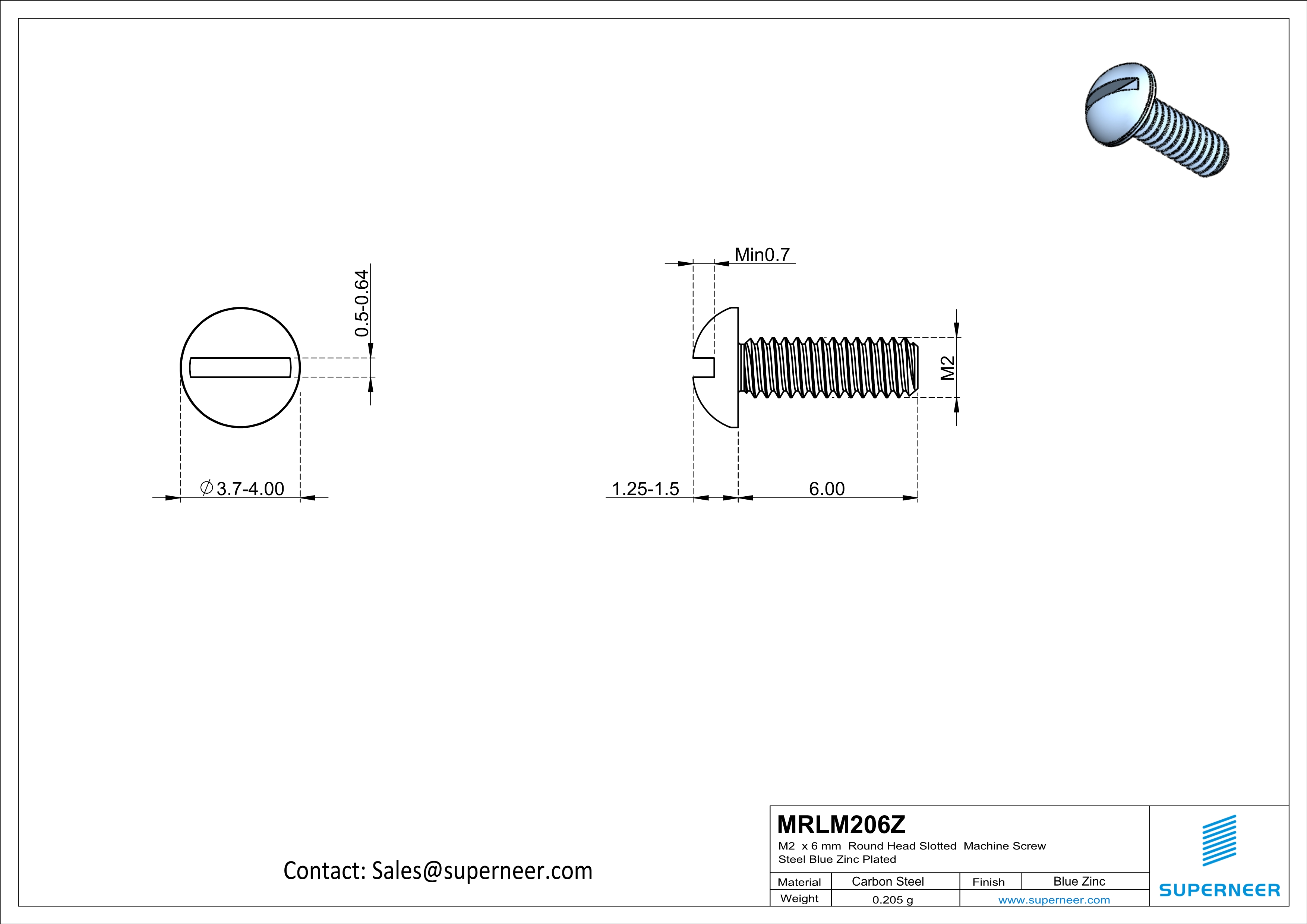 M2 x 6 mm Round Head Slotted Machine Screw Steel Blue Zinc Plated