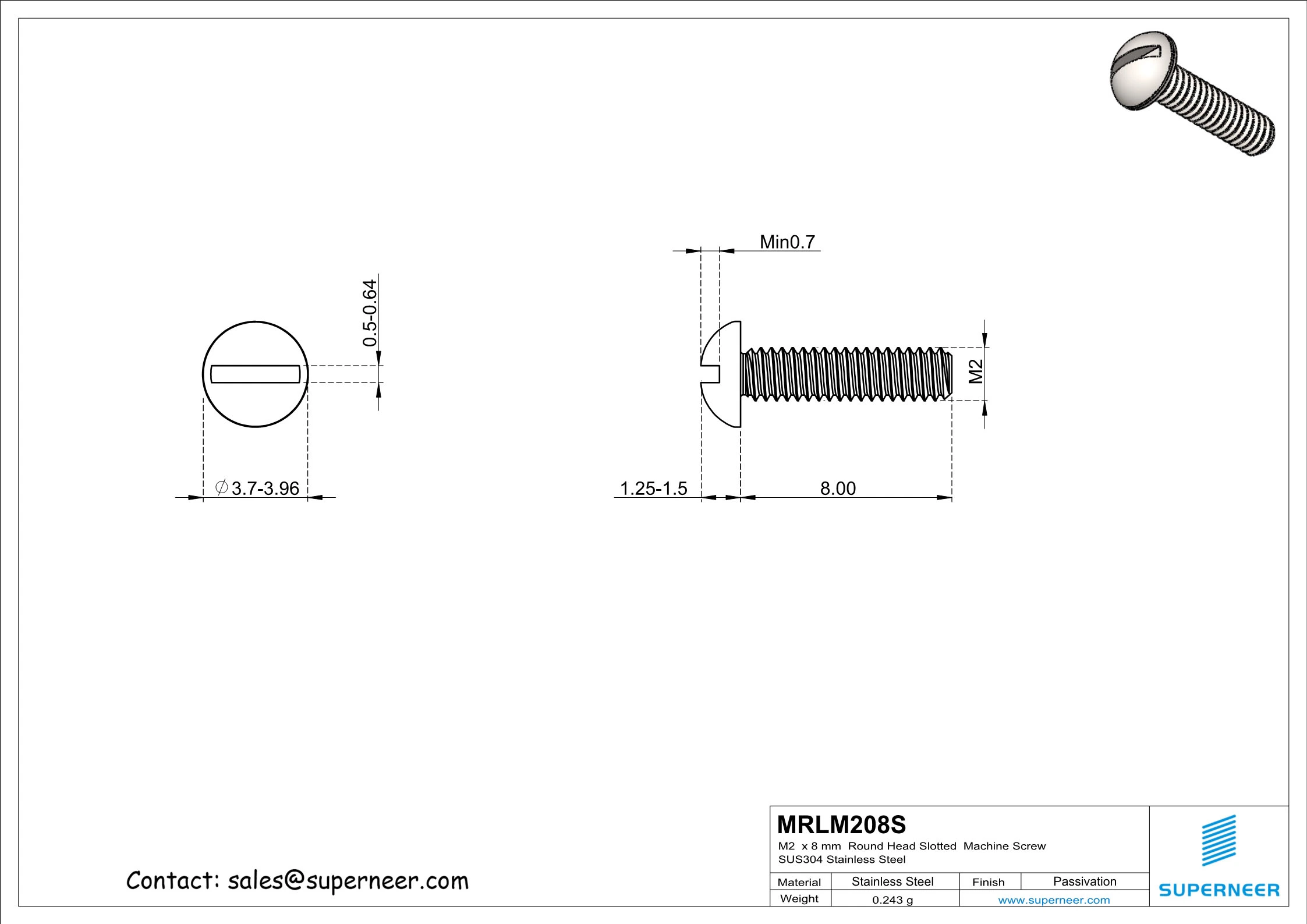 M2  x 8 mm  Round Head Slotted  Machine Screw SUS304 Stainless Steel Inox