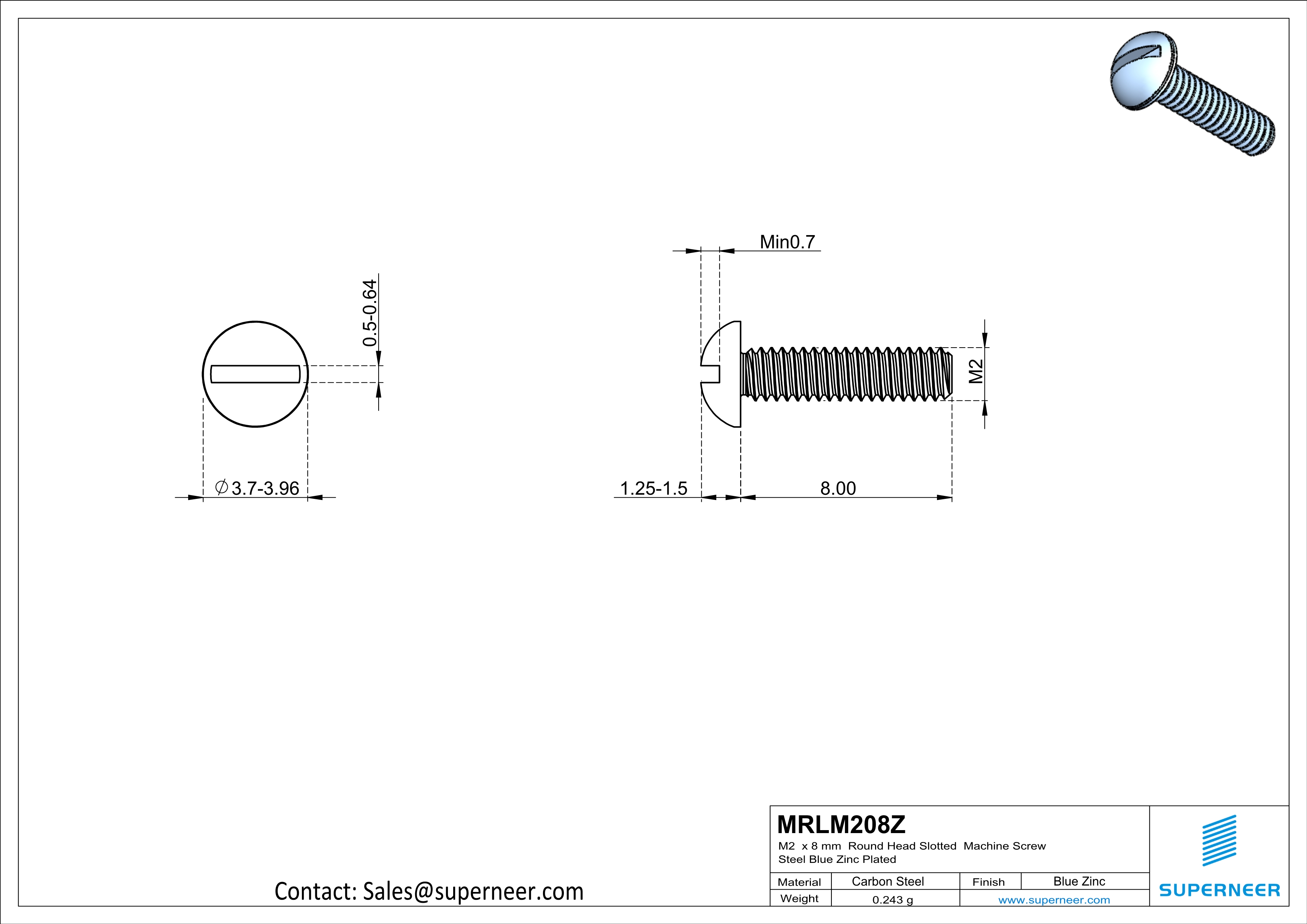 M2 x 8 mm Round Head Slotted Machine Screw Steel Blue Zinc Plated