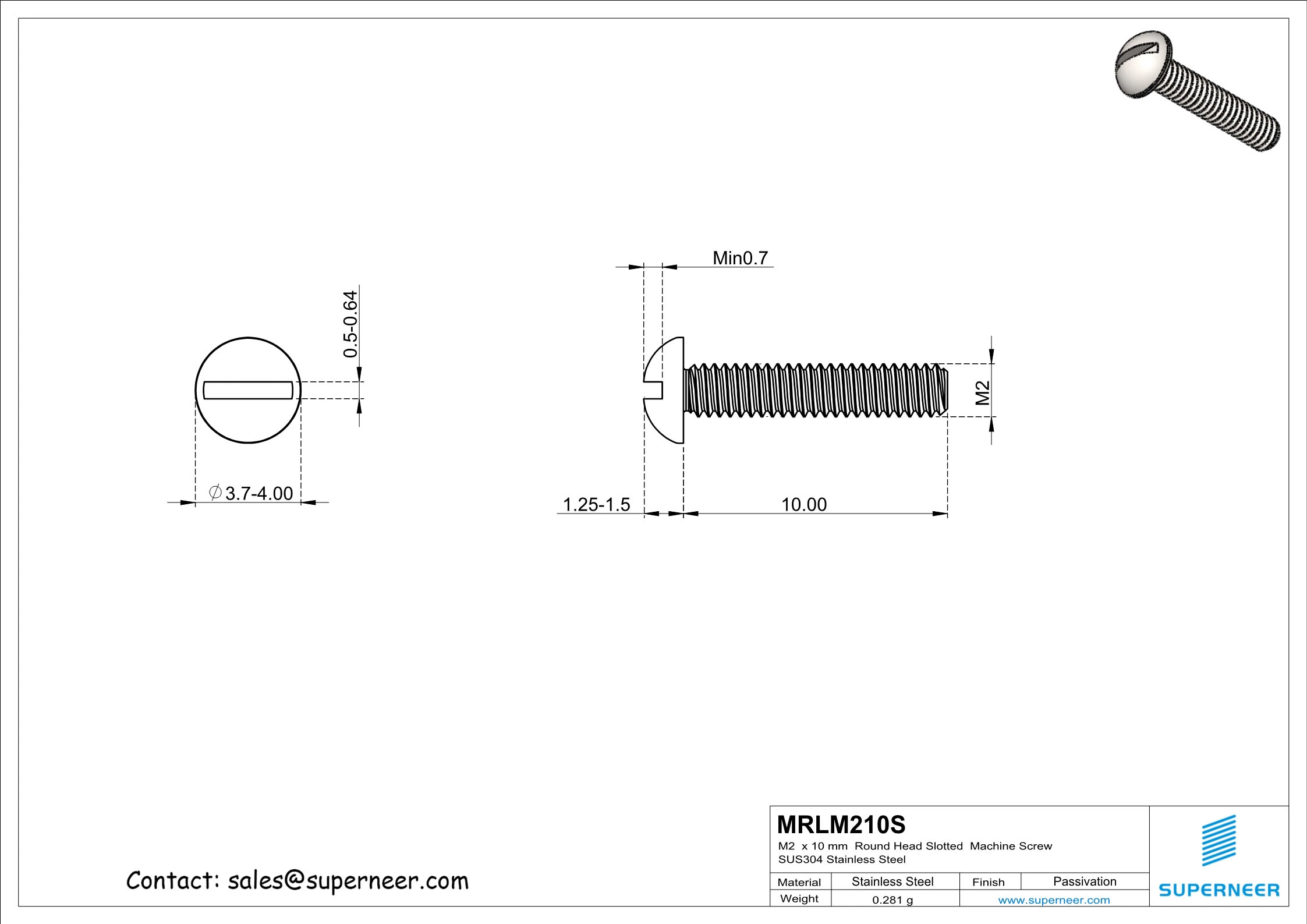 M2  x 10 mm  Round Head Slotted  Machine Screw SUS304 Stainless Steel Inox