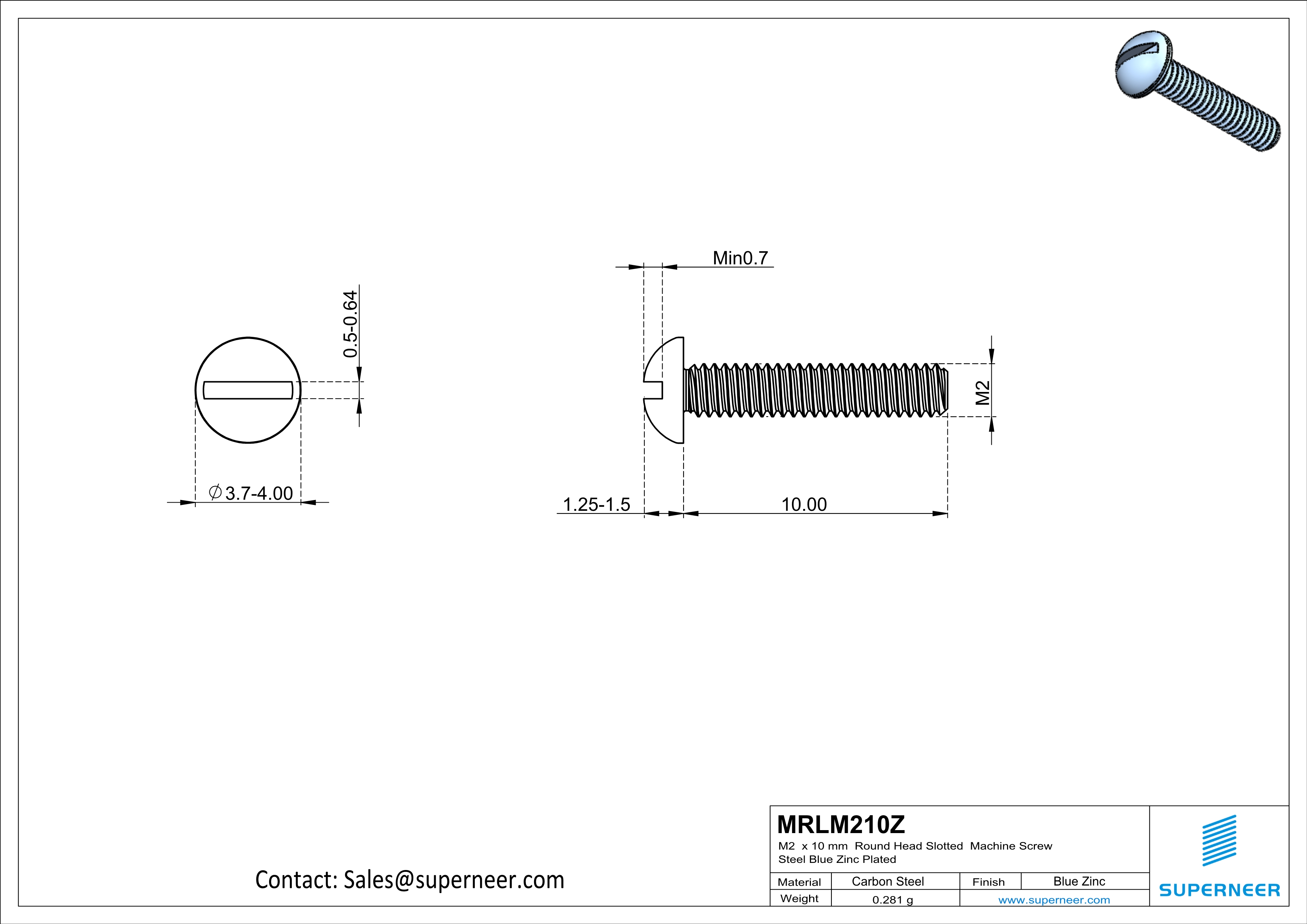 M2 x 10 mm Round Head Slotted Machine Screw Steel Blue Zinc Plated