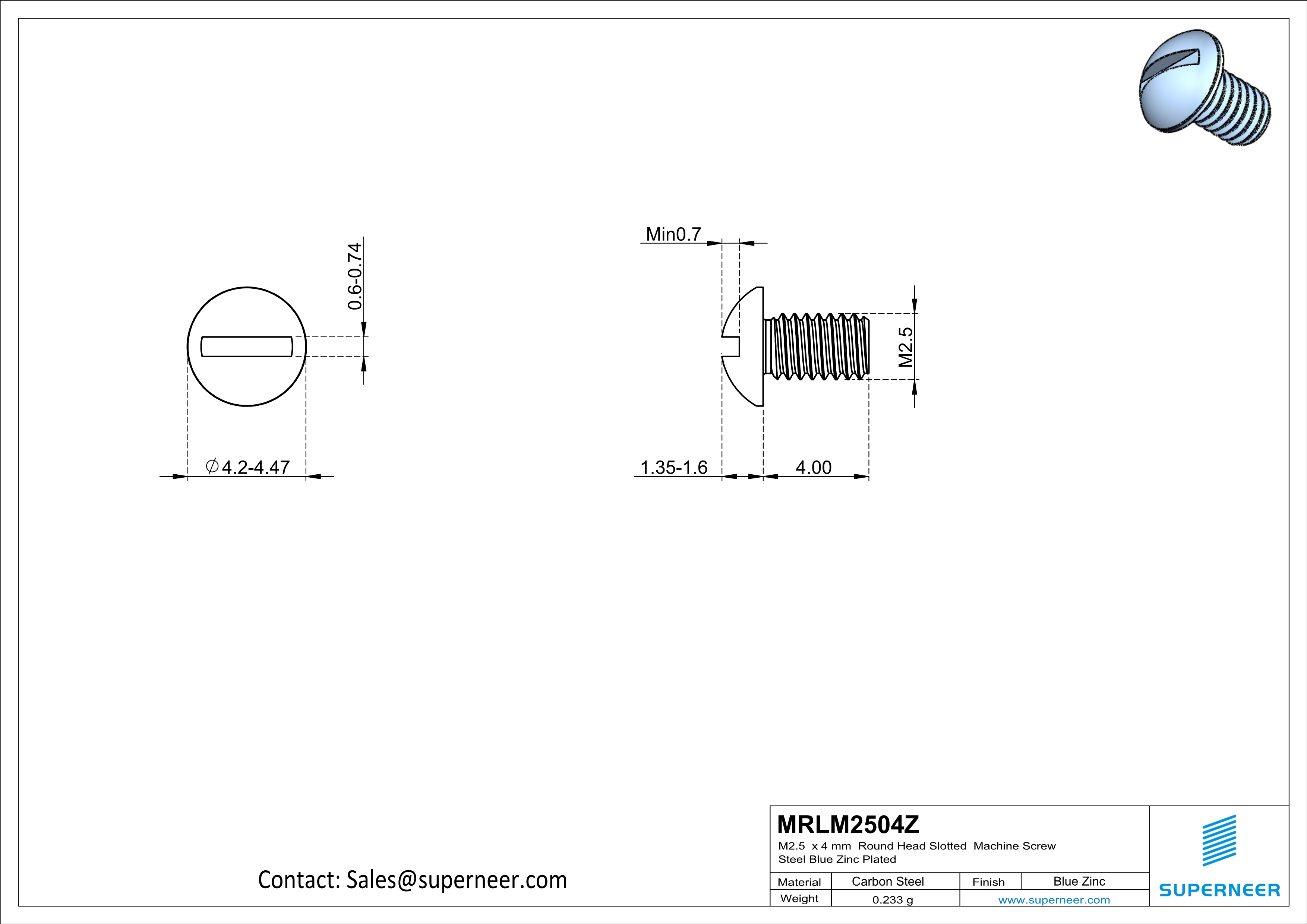 M2.5 x 4 mm Round Head Slotted Machine Screw Steel Blue Zinc Plated