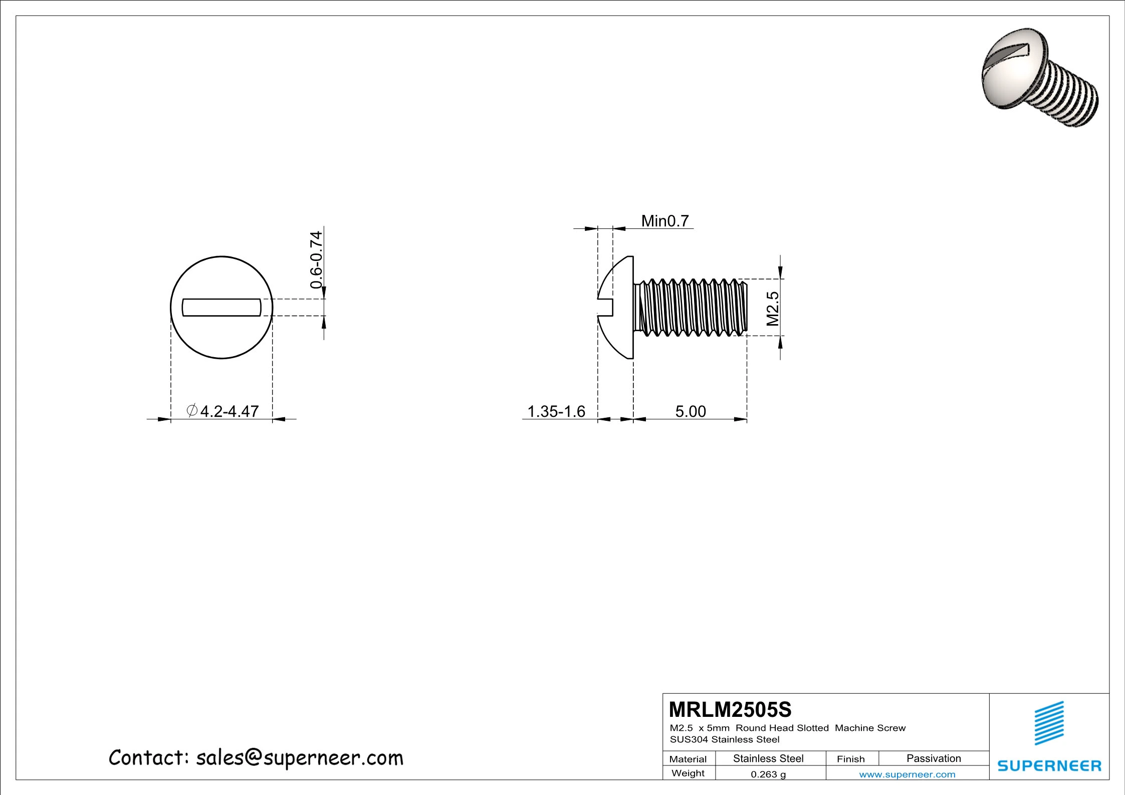 M2.5 x 5 mm  Round Head Slotted  Machine Screw SUS304 Stainless Steel Inox