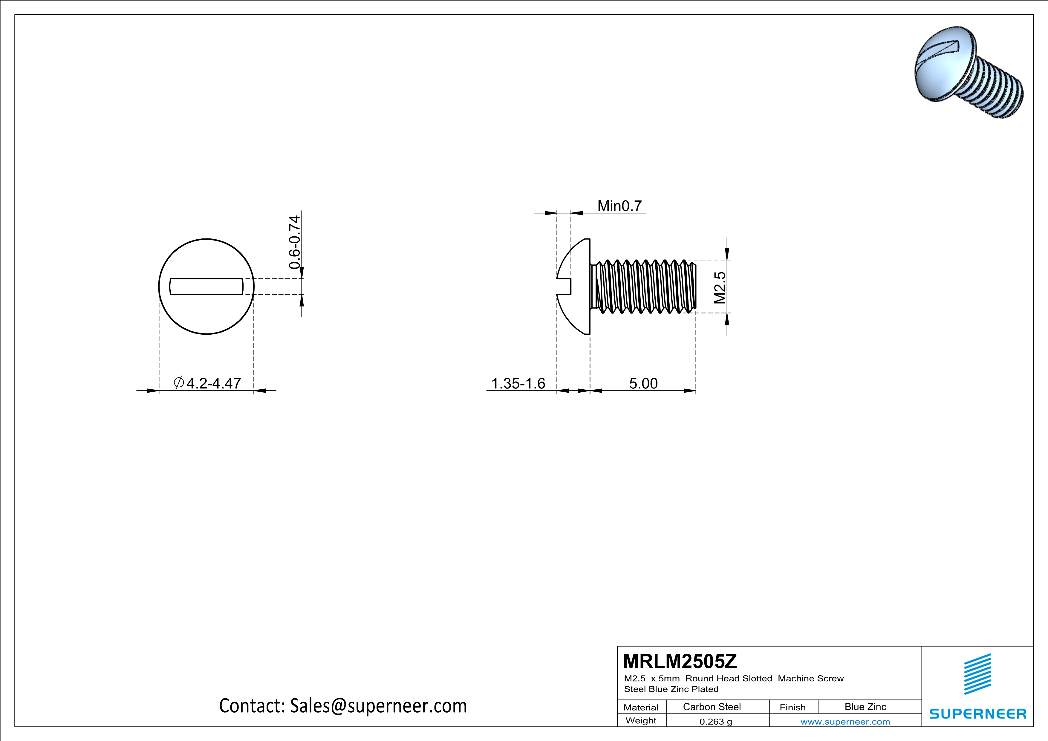 M2.5 x 5 mm Round Head Slotted Machine Screw Steel Blue Zinc Plated