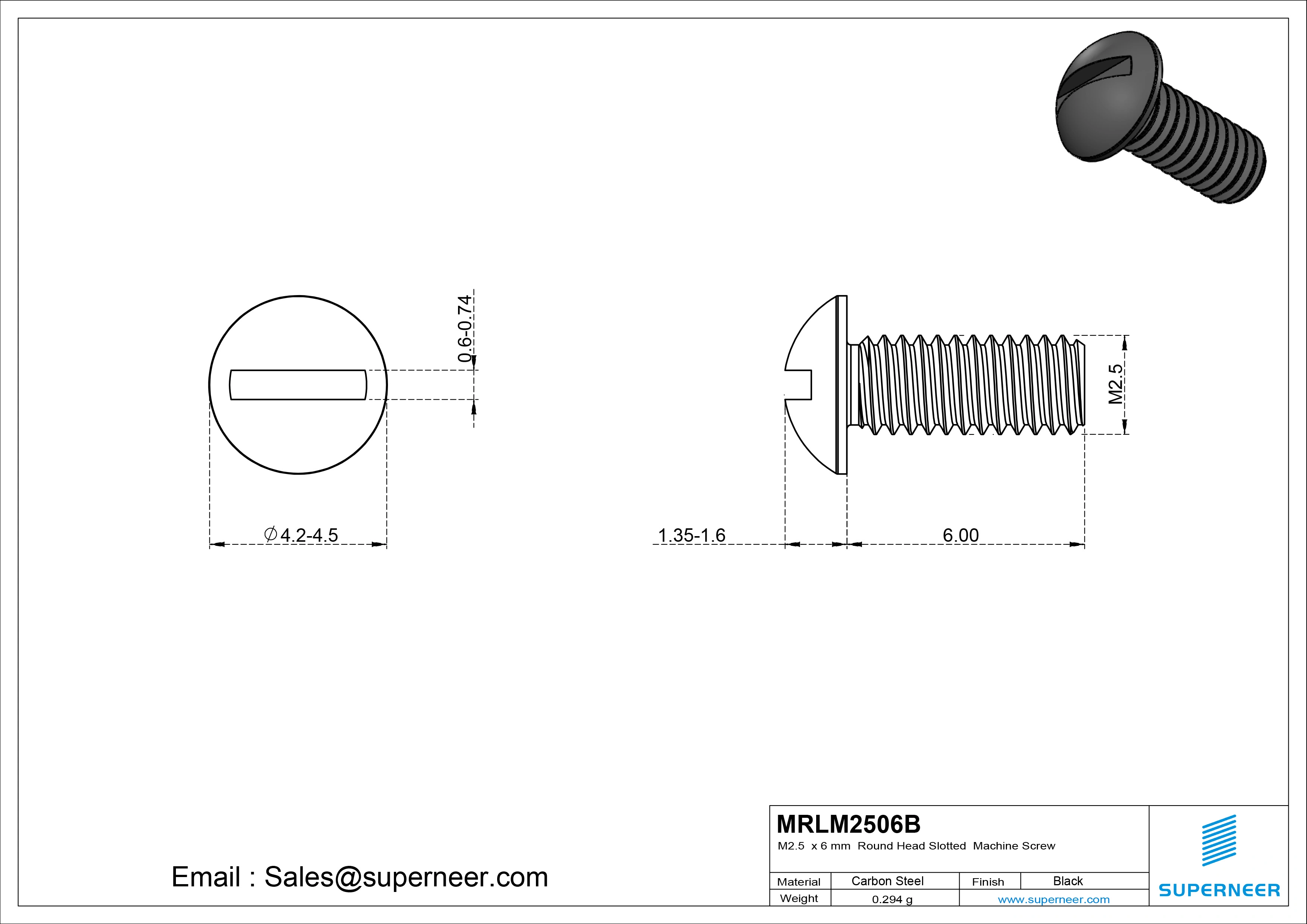 M2.5 x 6 mm Round Head Slotted Machine Screw Steel Black