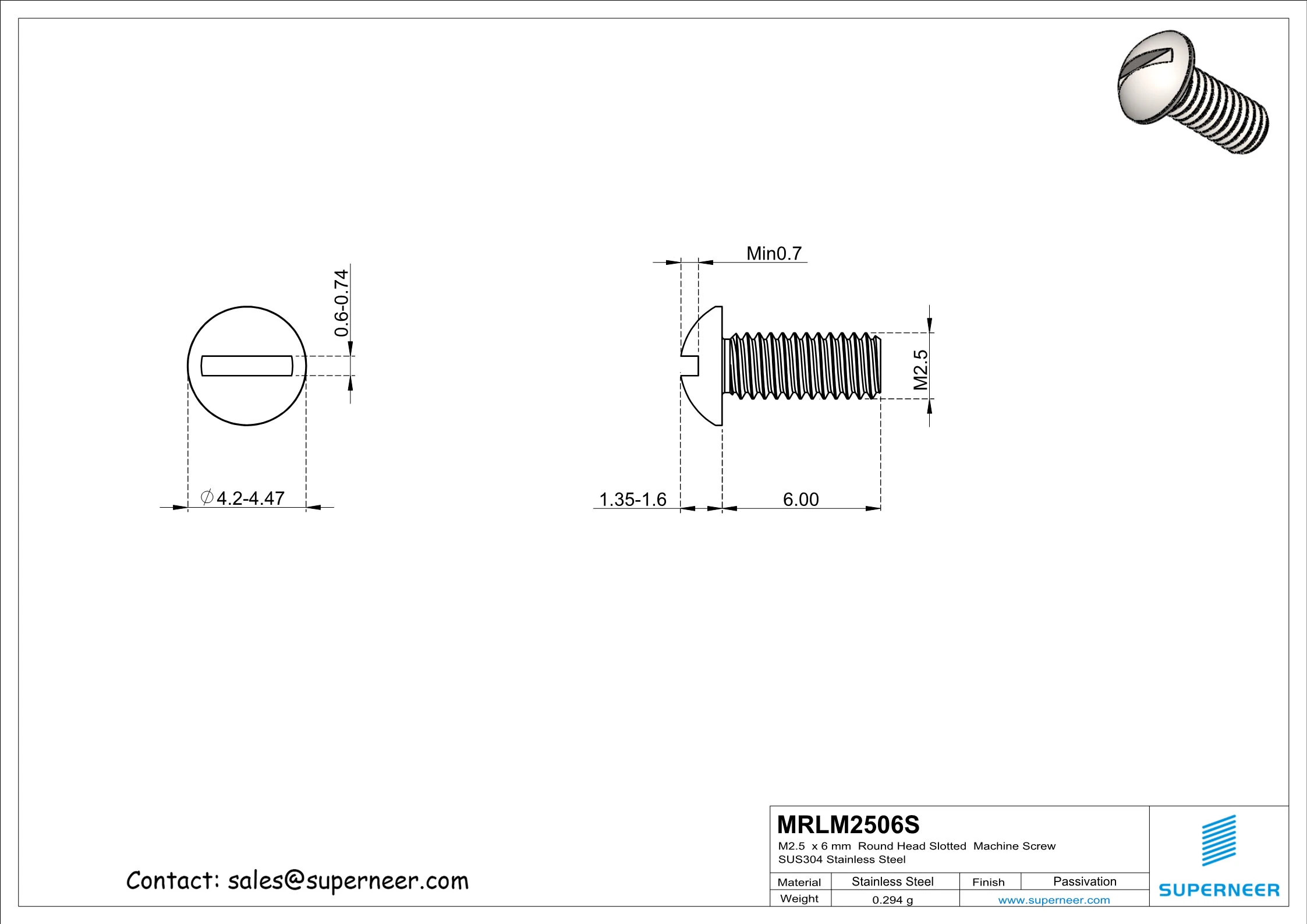 M2.5 x 6 mm  Round Head Slotted  Machine Screw SUS304 Stainless Steel Inox