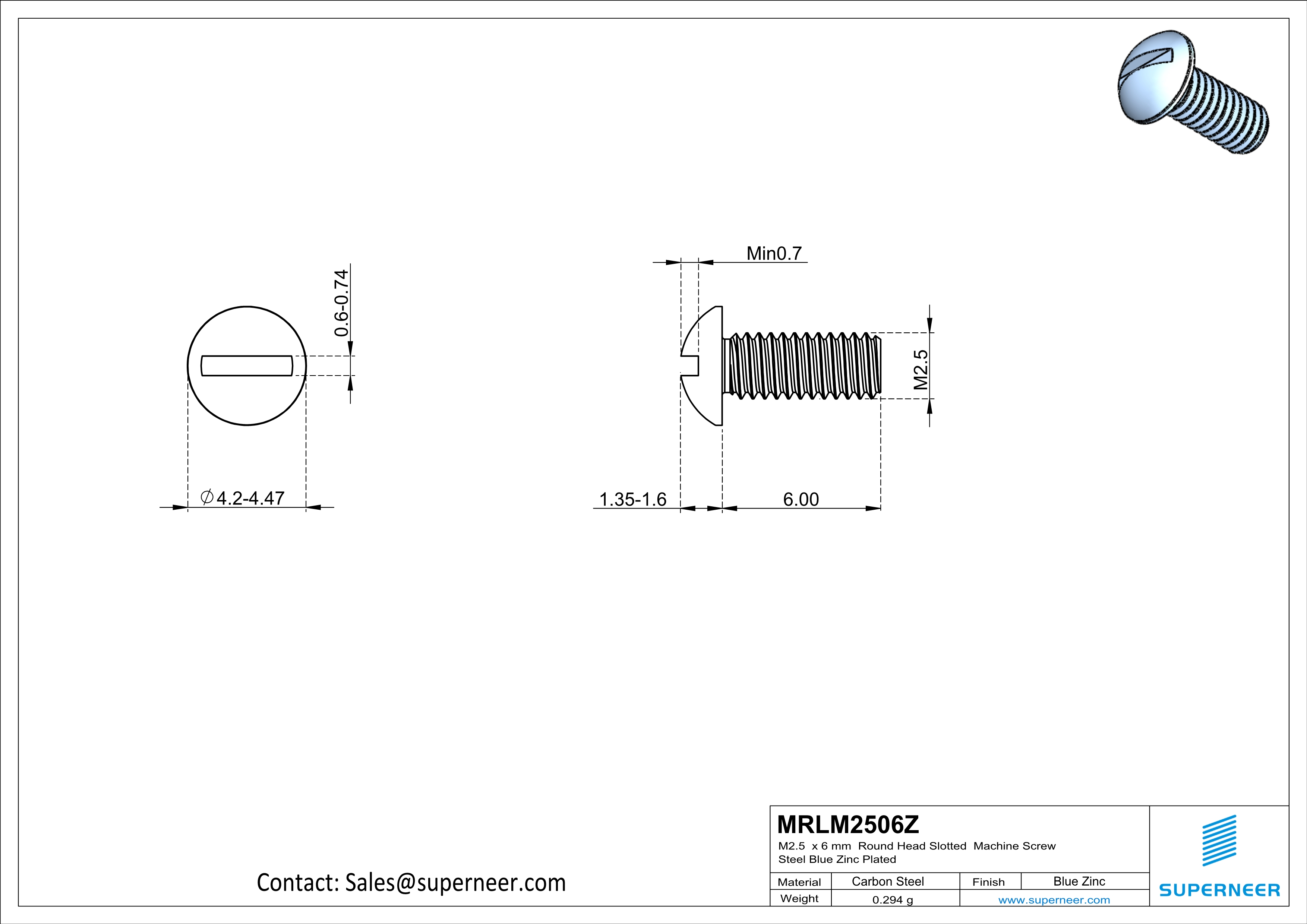 M2.5 x 6 mm Round Head Slotted Machine Screw Steel Blue Zinc Plated