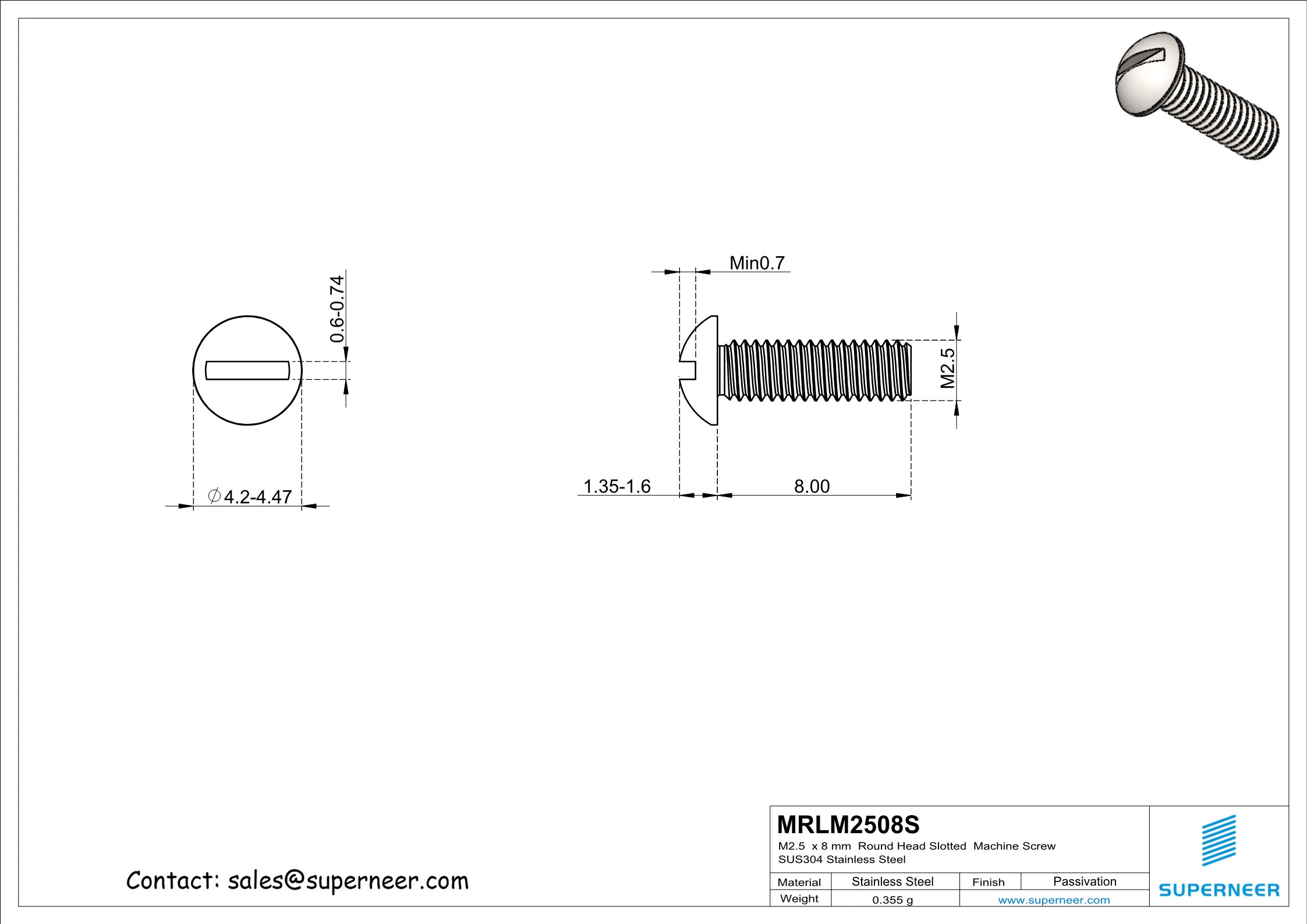 M2.5  x 8 mm  Round Head Slotted  Machine Screw SUS304 Stainless Steel Inox